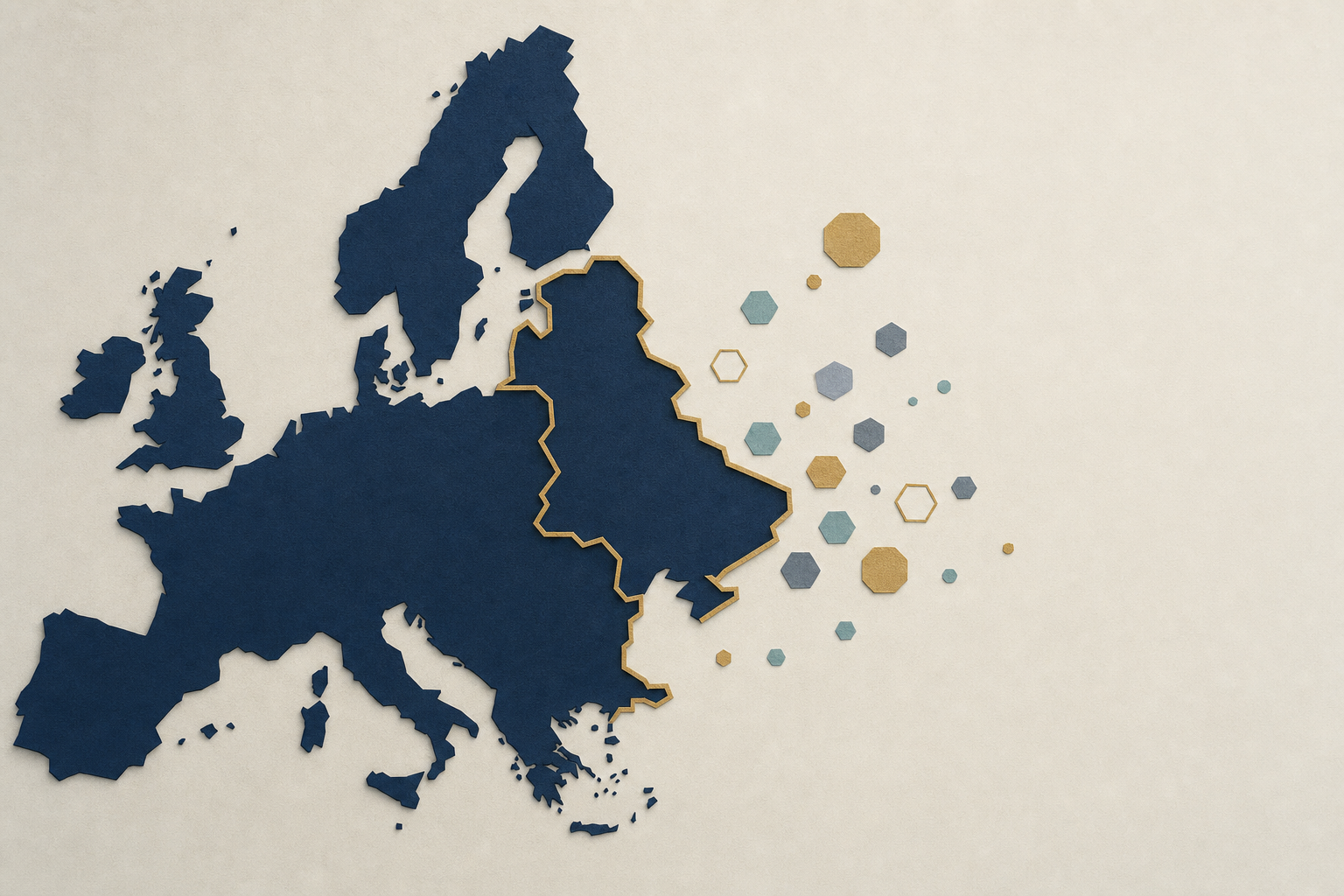 Stylized map of Europe with an eastern region bordered off and geometric crypto tokens drifting outside, illustrating EU sanctions scope