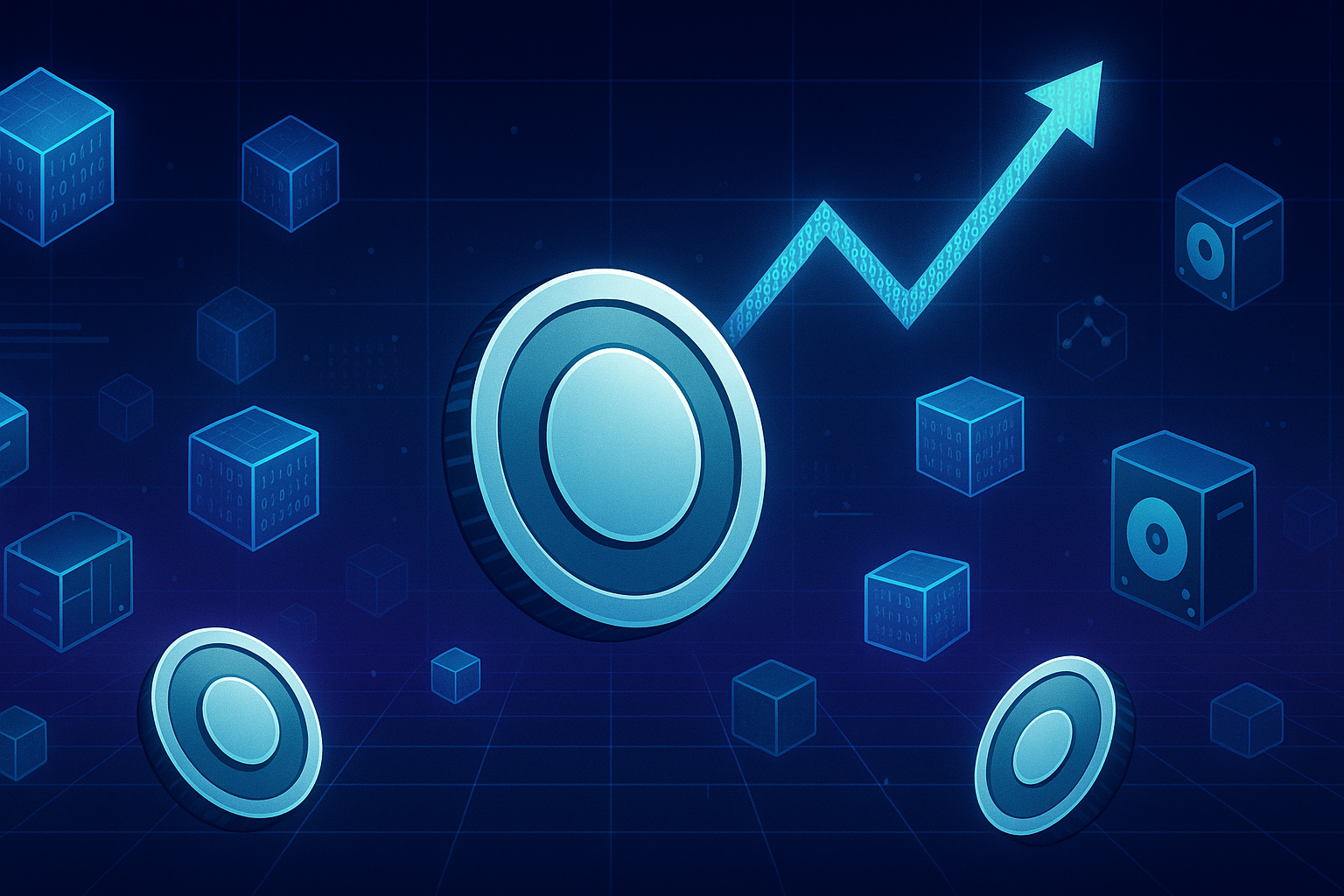Futuristic crypto marketplace with data cubes orbiting coins and an upward price chart line