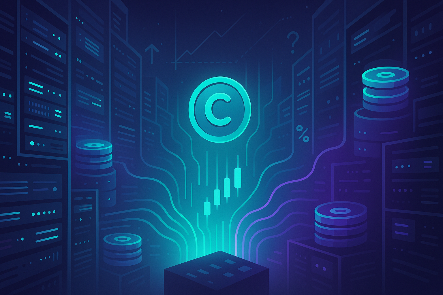 Futuristic data center and crypto coin above chart for Filecoin price prediction