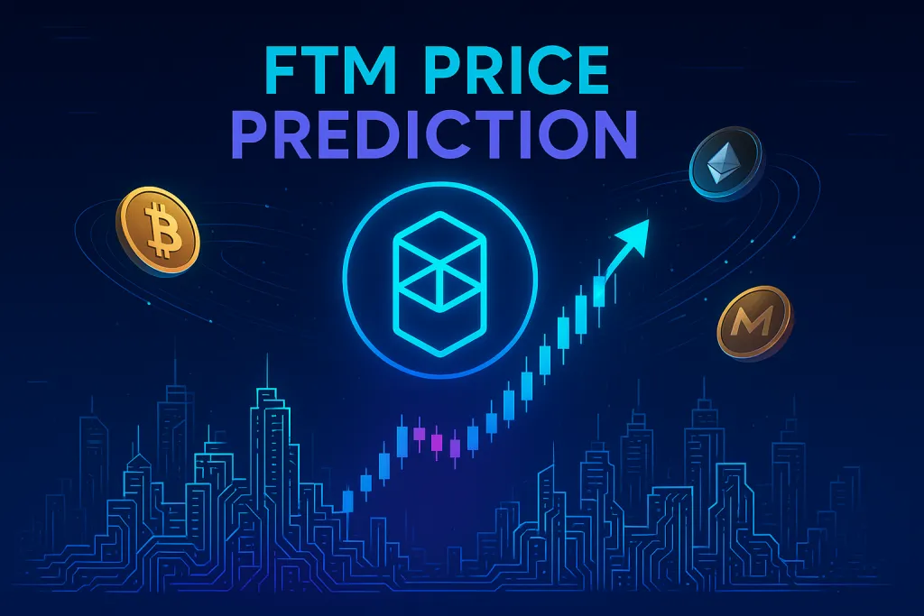 Bannière de prédiction du prix du FTM avec un jeton fantôme s'élevant au-dessus de l'horizon néon de la ville crypto