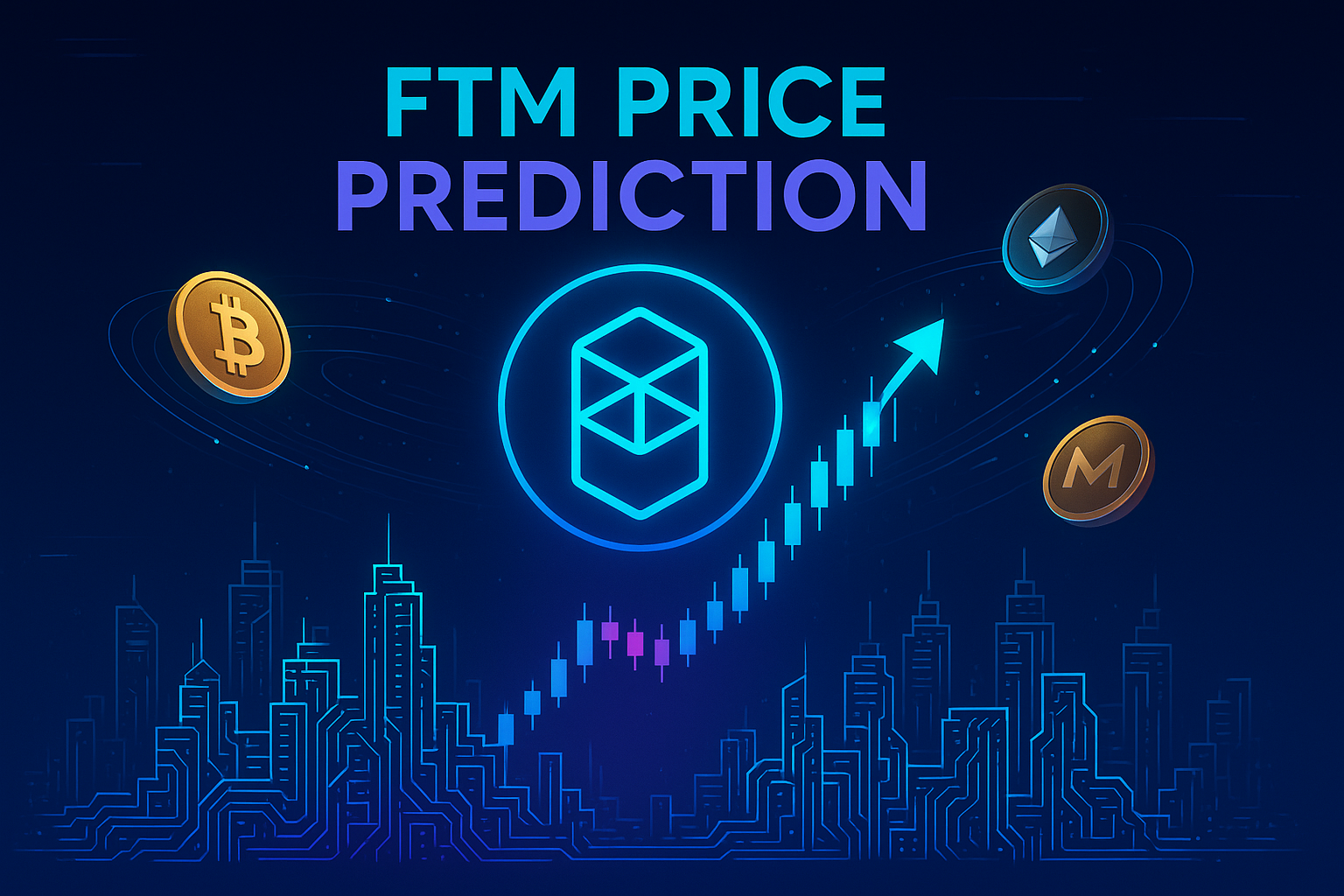 FTM price prediction banner with phantom token rising over neon crypto city skyline