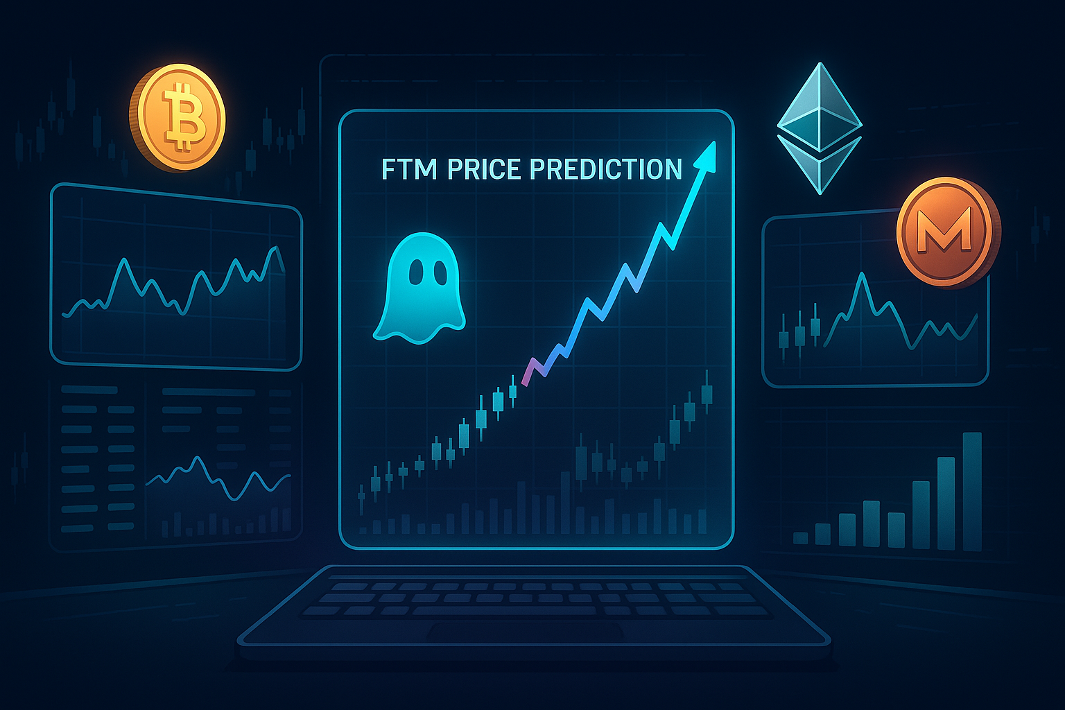 Digital trading desk with holographic charts highlighting FTM price prediction among generic crypto coins