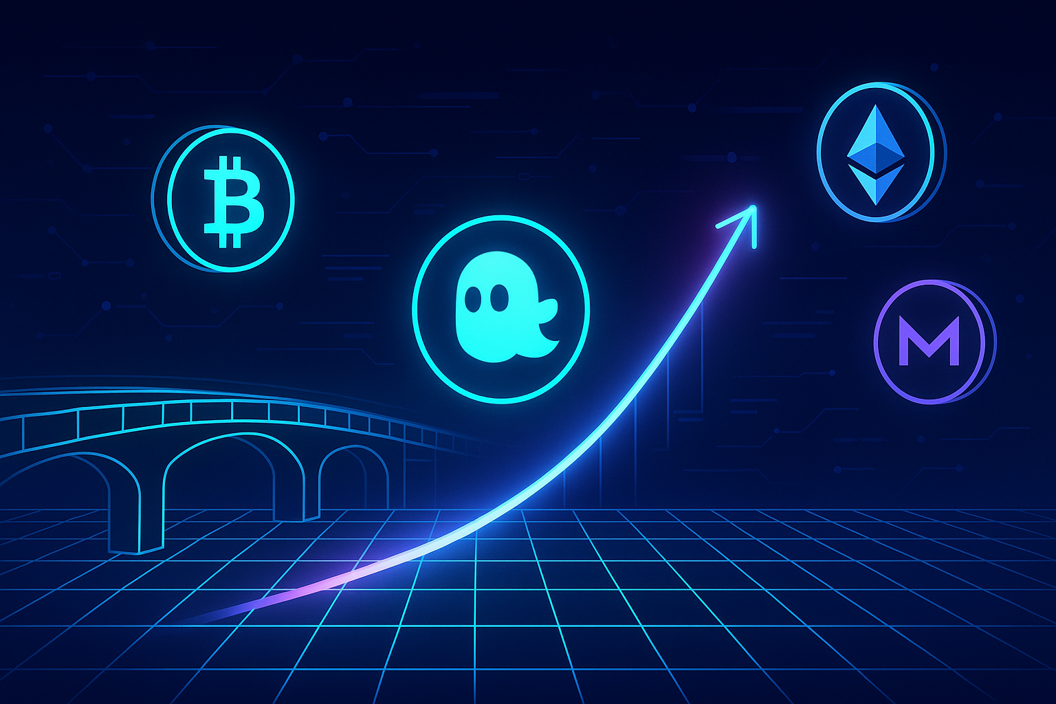 Fantom-style token crossing a blockchain bridge amid rising crypto price path