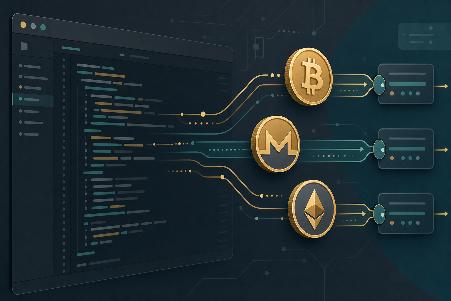 Illustration of crypto coin tokens flowing through API endpoint lines in a code editor interface