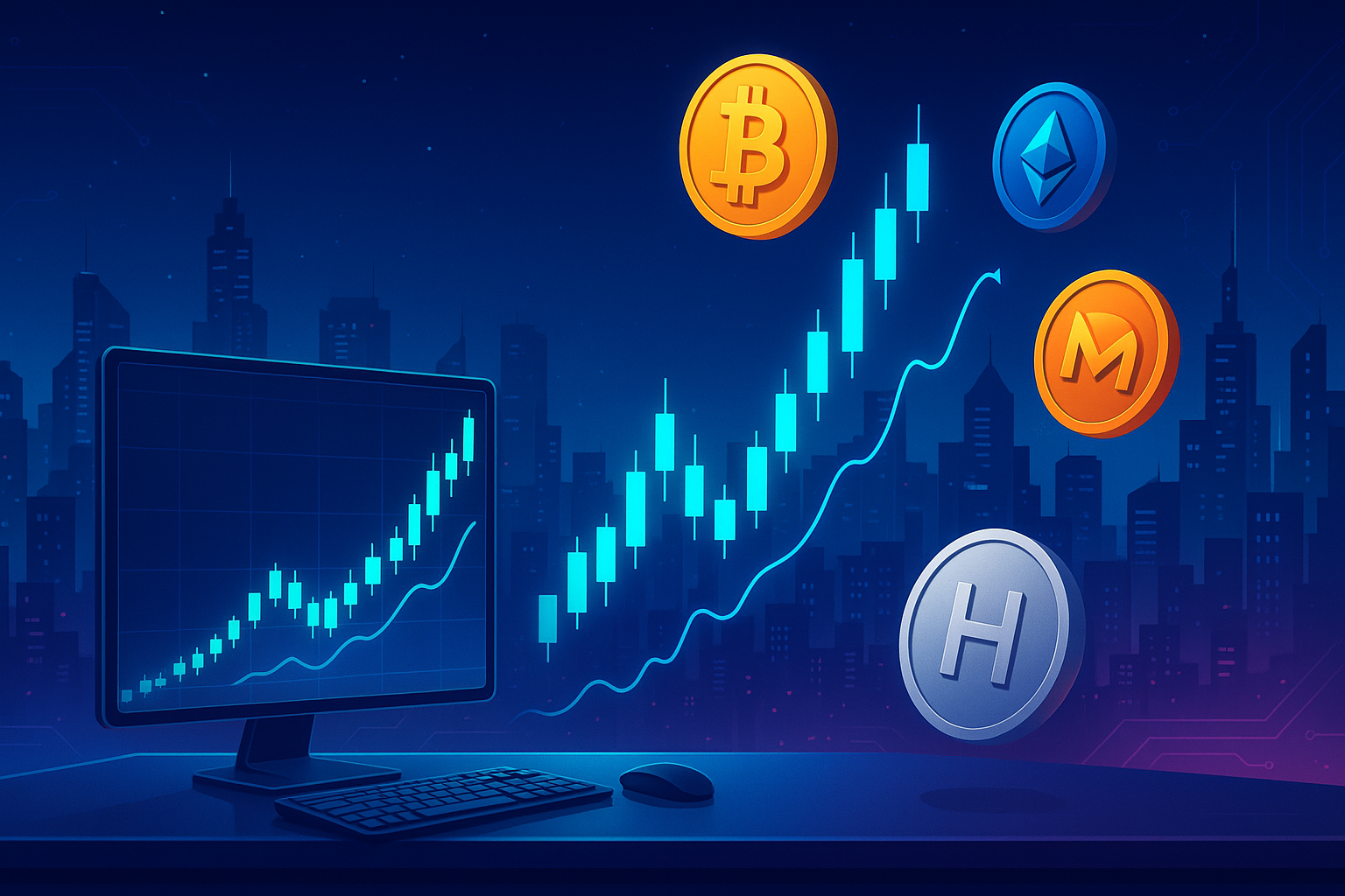Futuristic crypto trading desk with holographic charts and HBAR-style coin