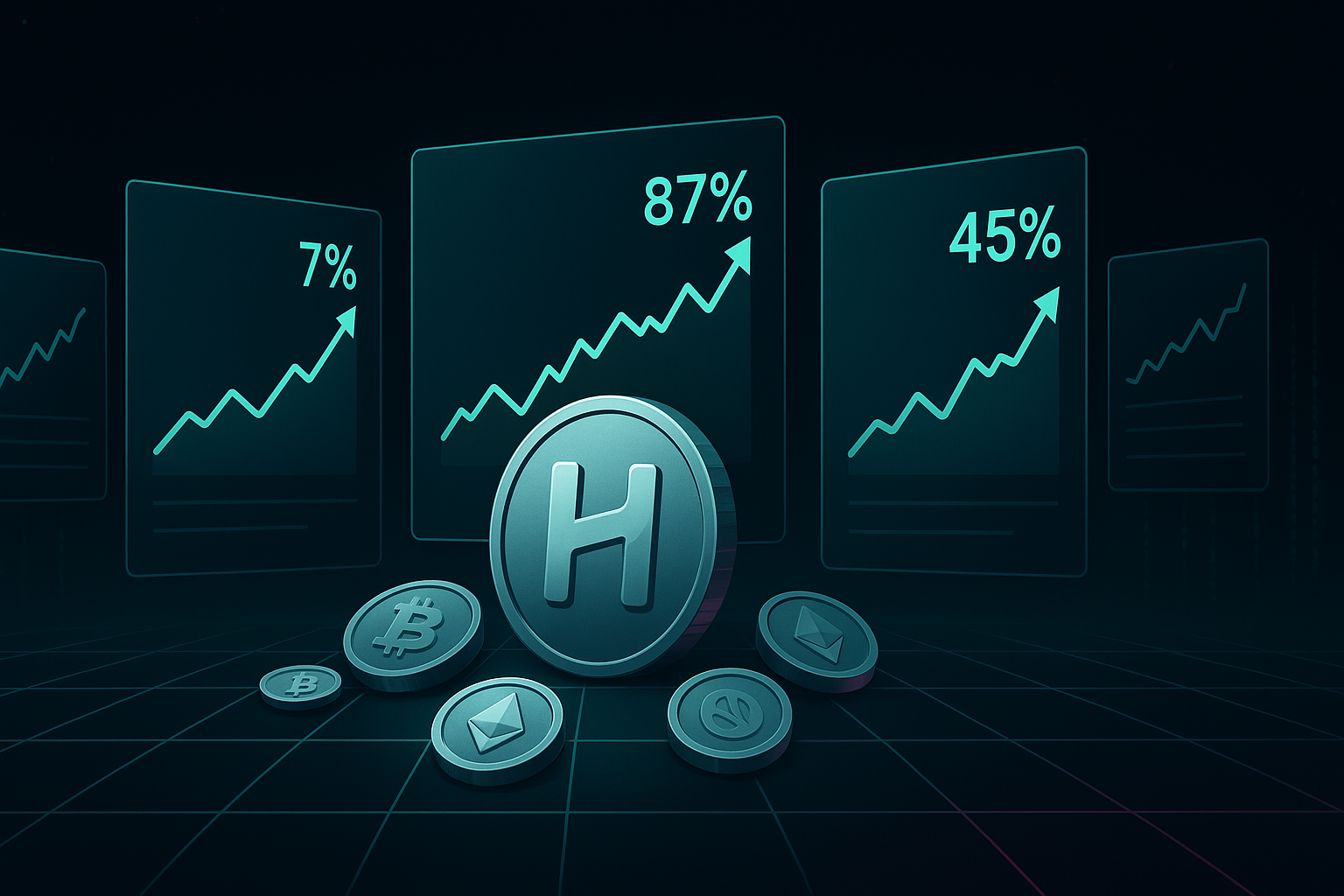 Futuristic crypto dashboard with HBAR coin and rising price prediction charts