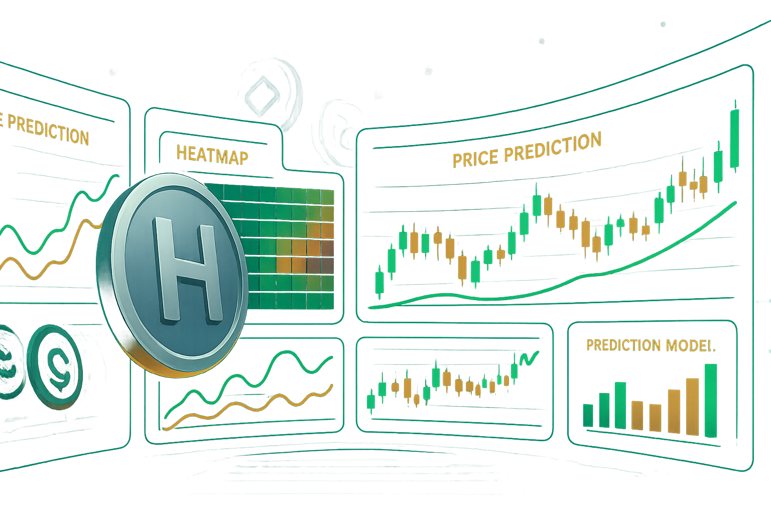 Futuristic crypto analyst workspace with HBAR price prediction charts and hovering H-style coin