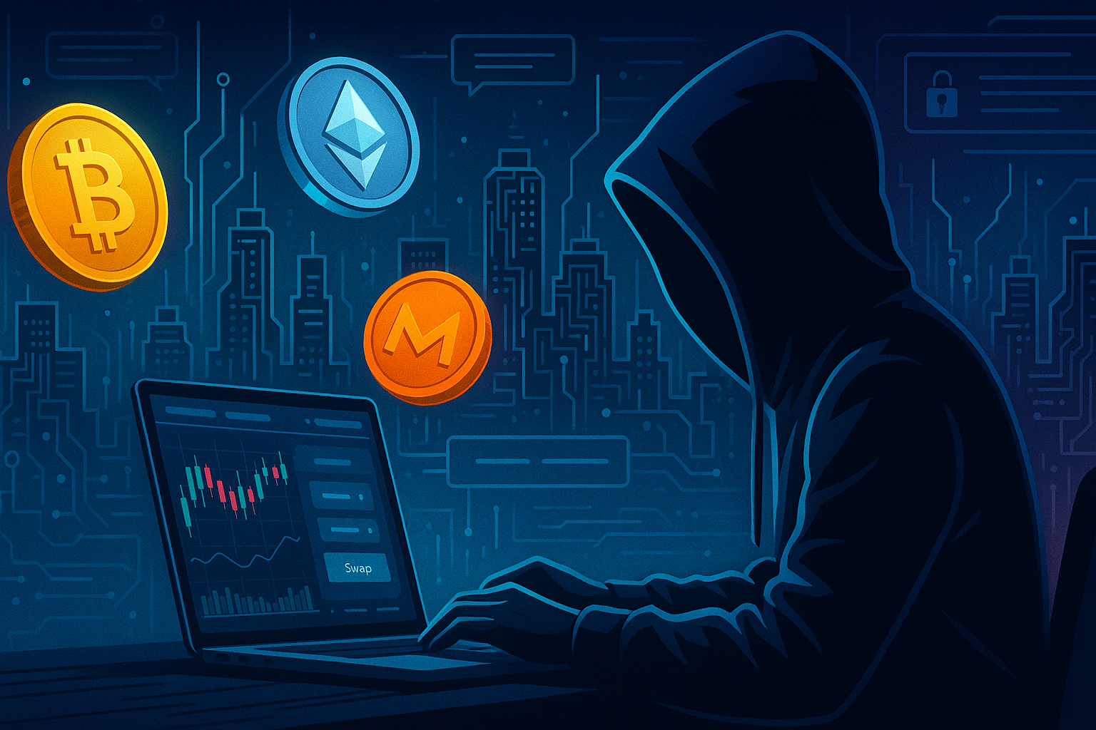 Hooded crypto trader buying Ethereum on a private, no-KYC marketplace in a neon-lit digital city