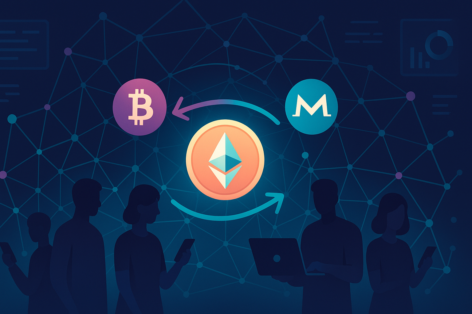 Decentralized exchange concept with anonymous users swapping Ethereum and crypto coins