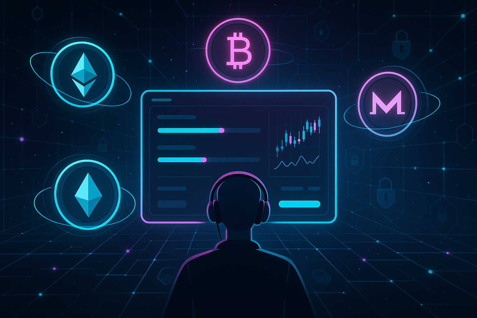 User at futuristic crypto terminal swapping ETH with privacy and no-KYC