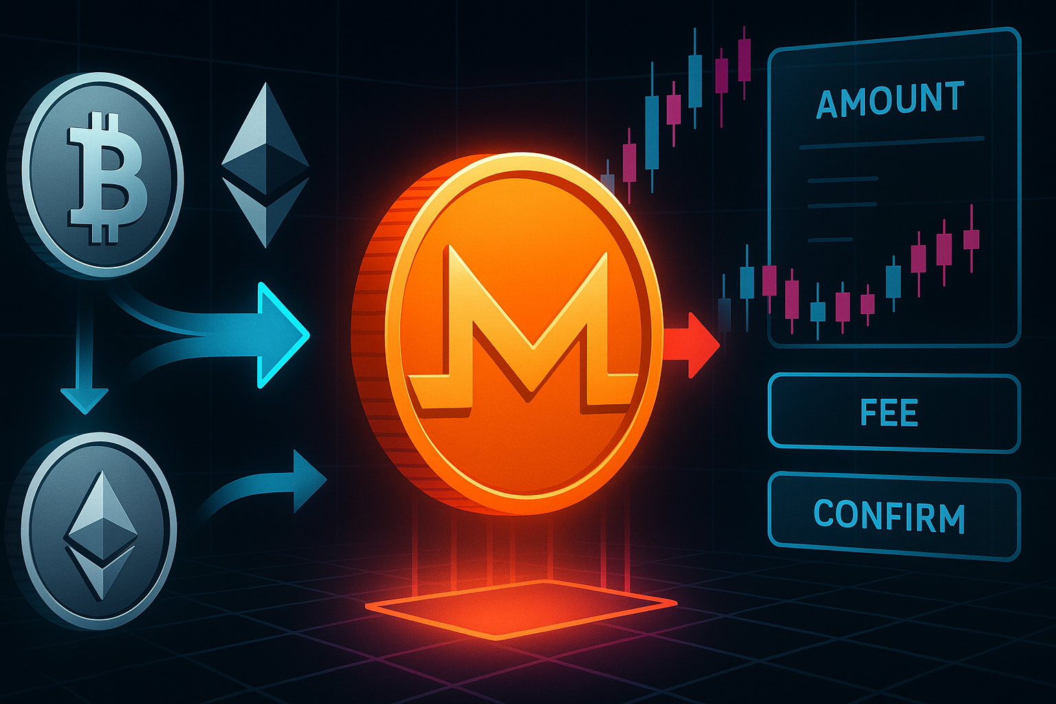 Futuristic crypto dashboard converting multiple coins into Monero