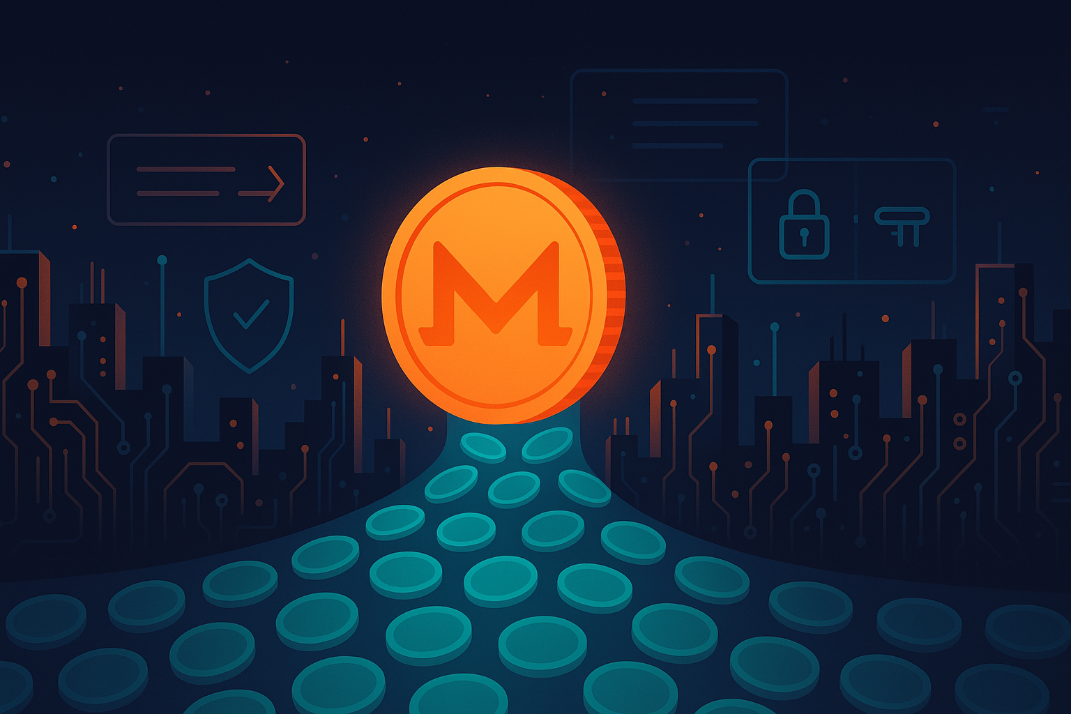 Digital city of circuit boards with a glowing Monero coin symbolizing buying XMR securely