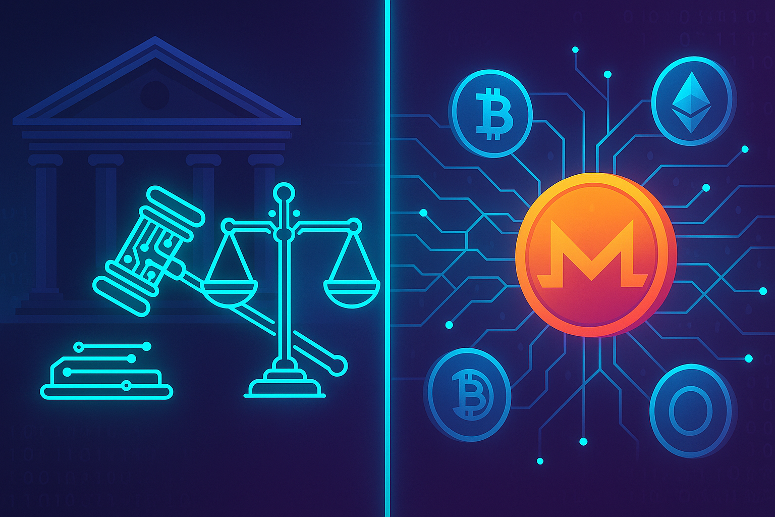 Courtroom and digital network with stylized privacy coins and justice symbols