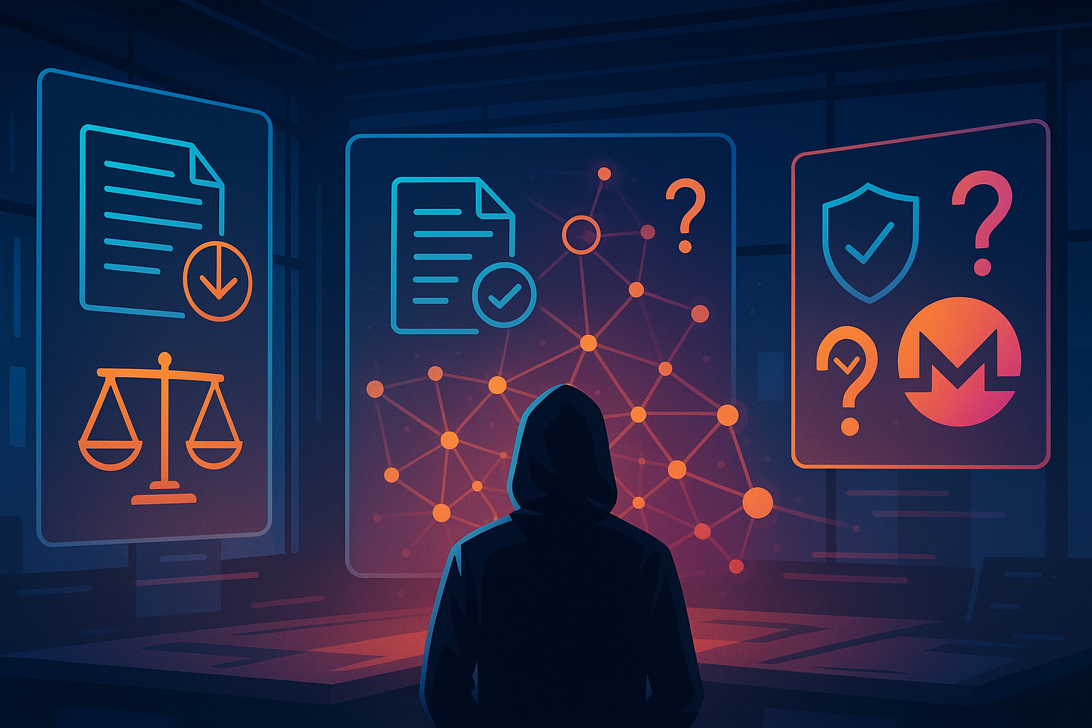 Futuristic office with holographic legal icons and Monero-style privacy coin network