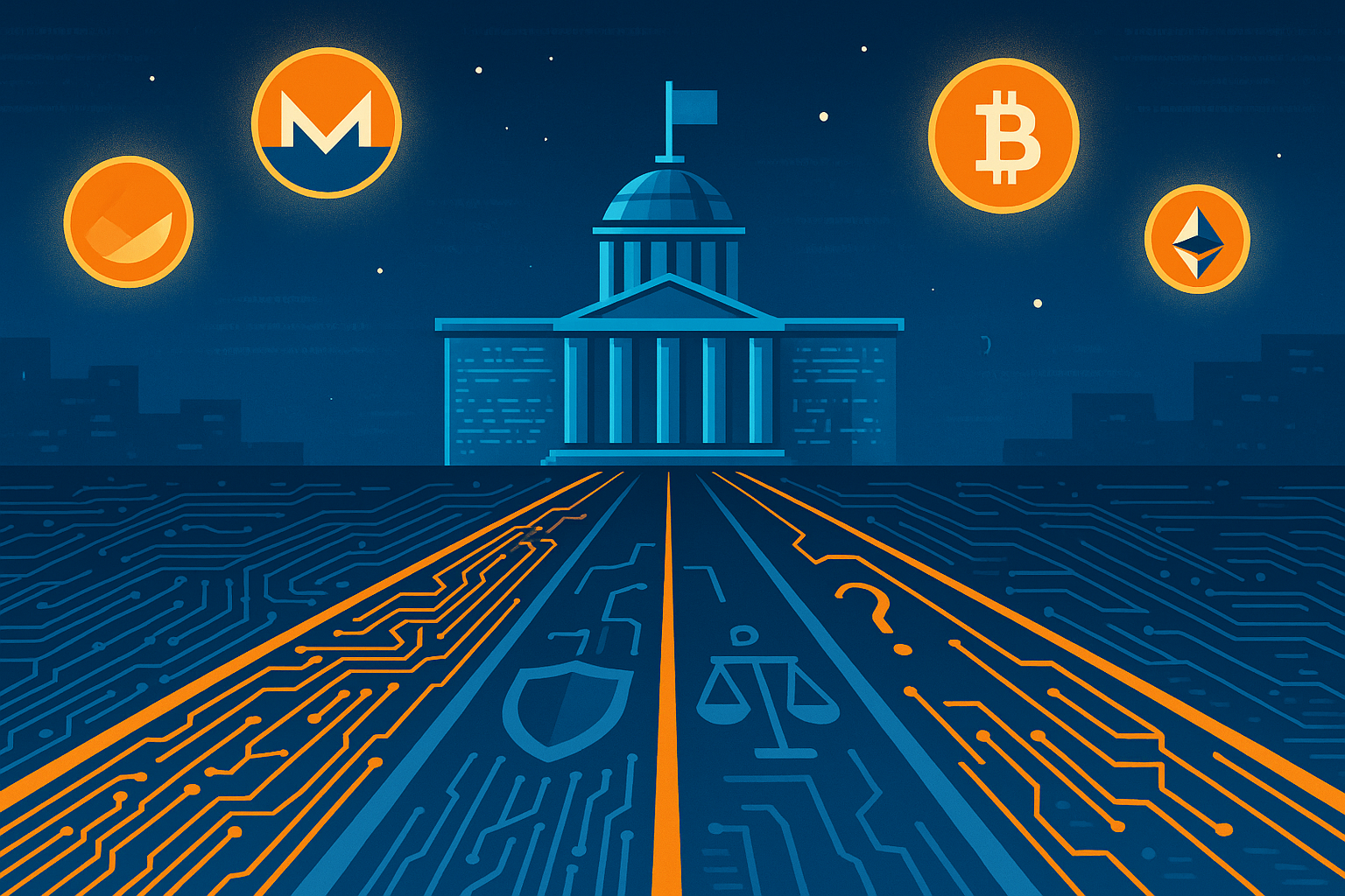 Digital highway to a code-made government building under floating crypto coins, symbolizing Monero legality and privacy