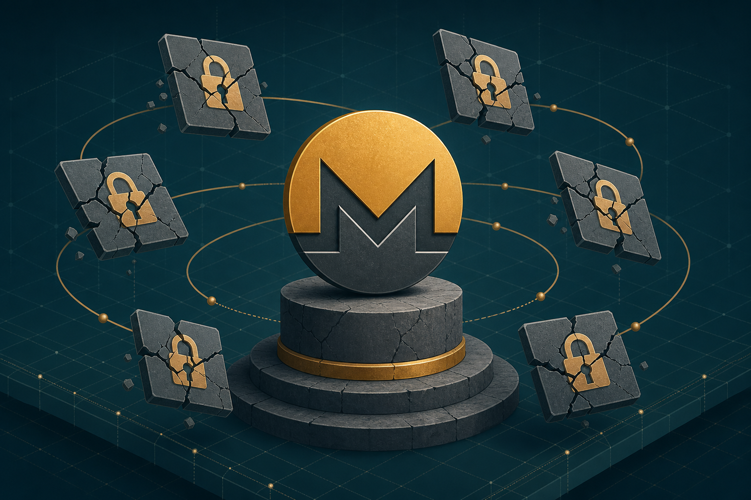 Stylized Monero symbol intact on a pedestal surrounded by smaller cracked application-layer panels with broken lock icons