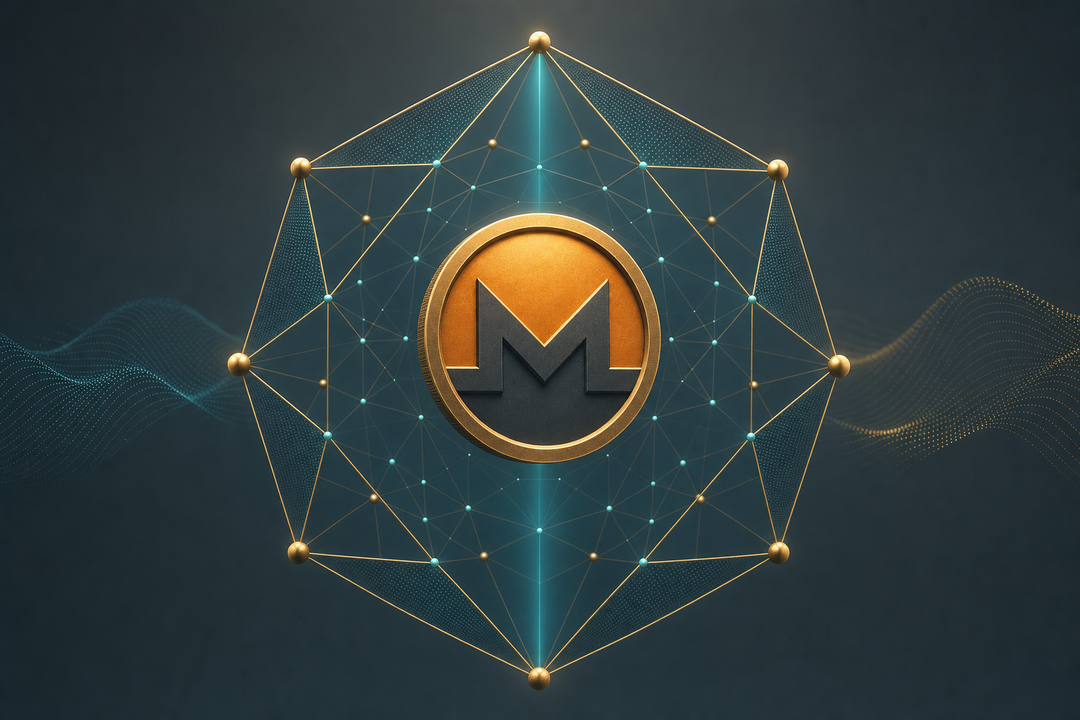 Stylized illustration of a Monero coin suspended inside a zero-knowledge cryptographic mesh