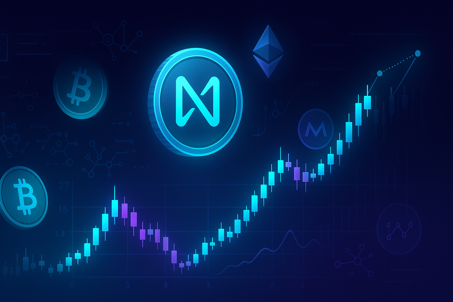 Futuristic NEAR price chart banner with soaring crypto candlesticks and coins