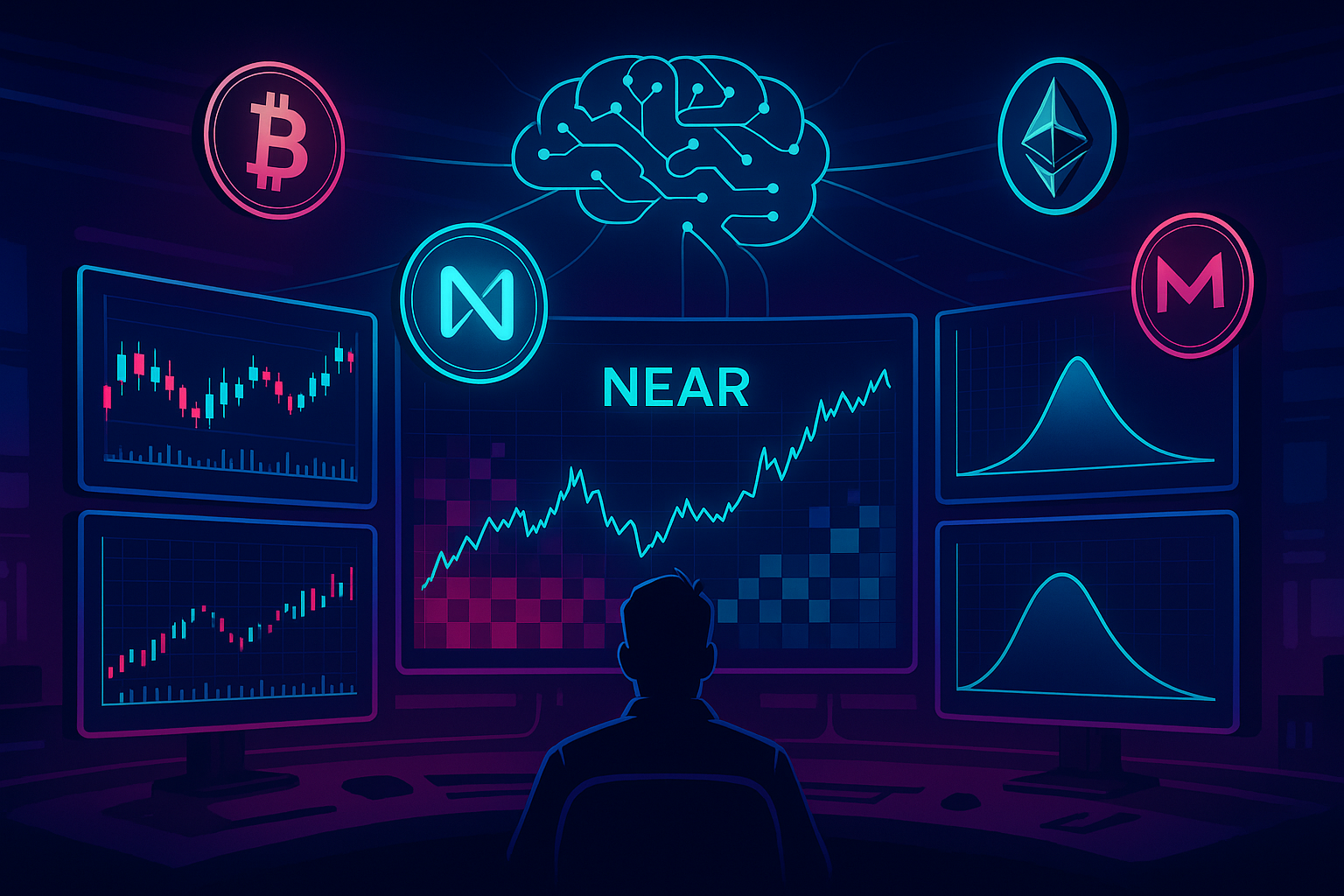NEAR price prediction dashboards in neon crypto trading war-room with AI brain and blockchain coins