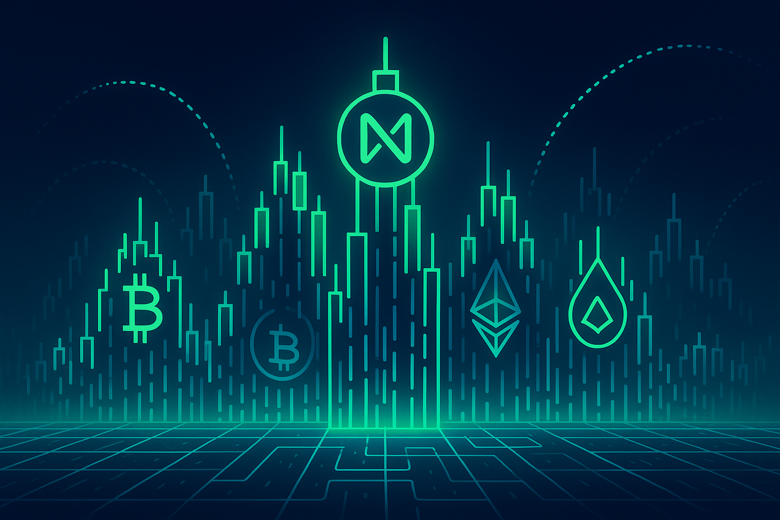 Futuristic crypto city skyline with NEAR-style token and price charts