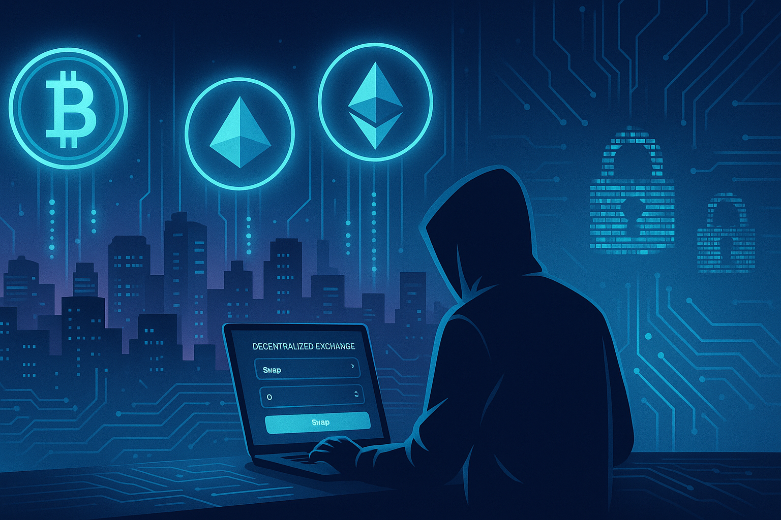 Криптотрейдер в капюшоне, использующий биржу без KYC, на фоне неонового городского пейзажа.