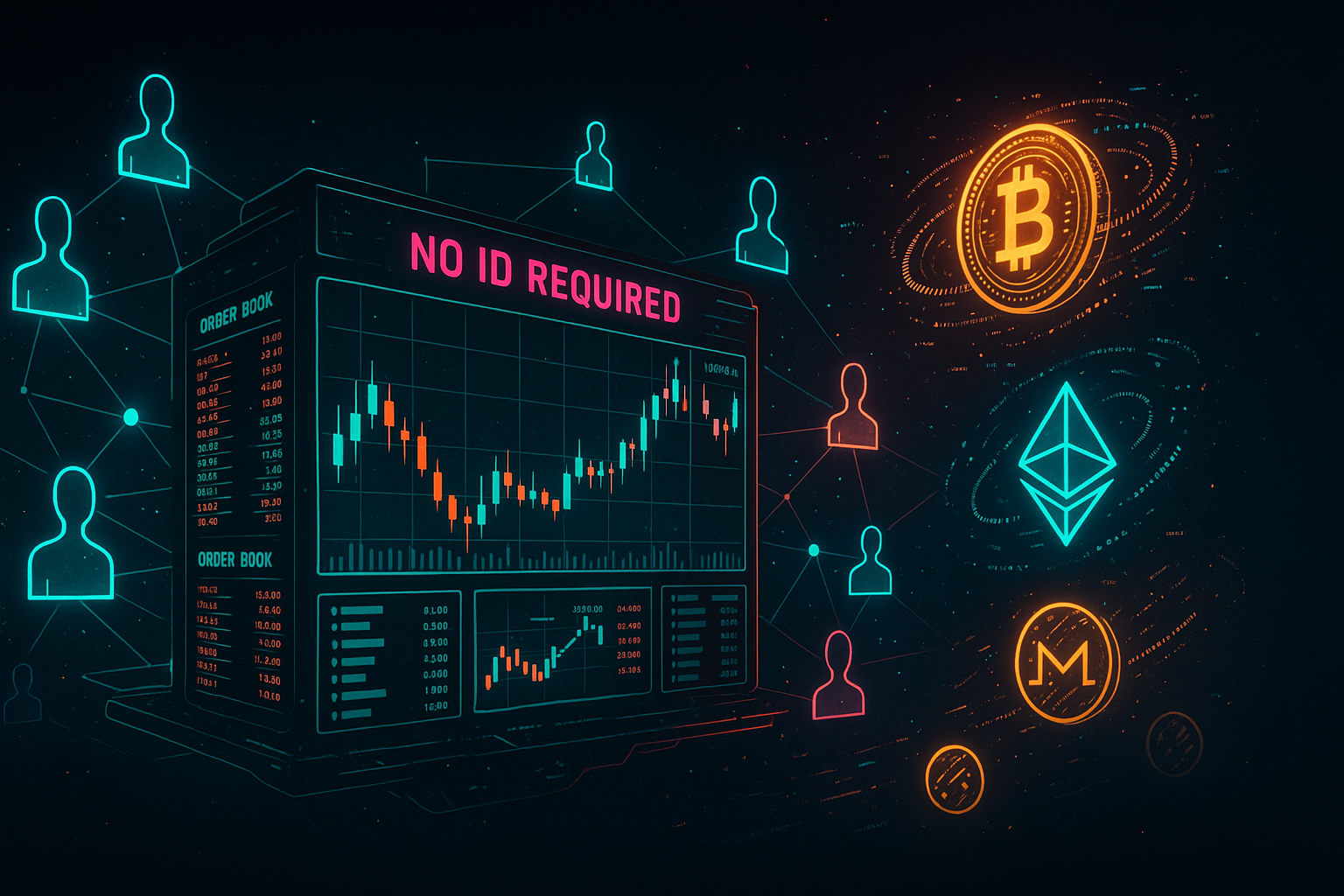 Cyberpunk crypto trading terminal banner with no ID required message and anonymous traders