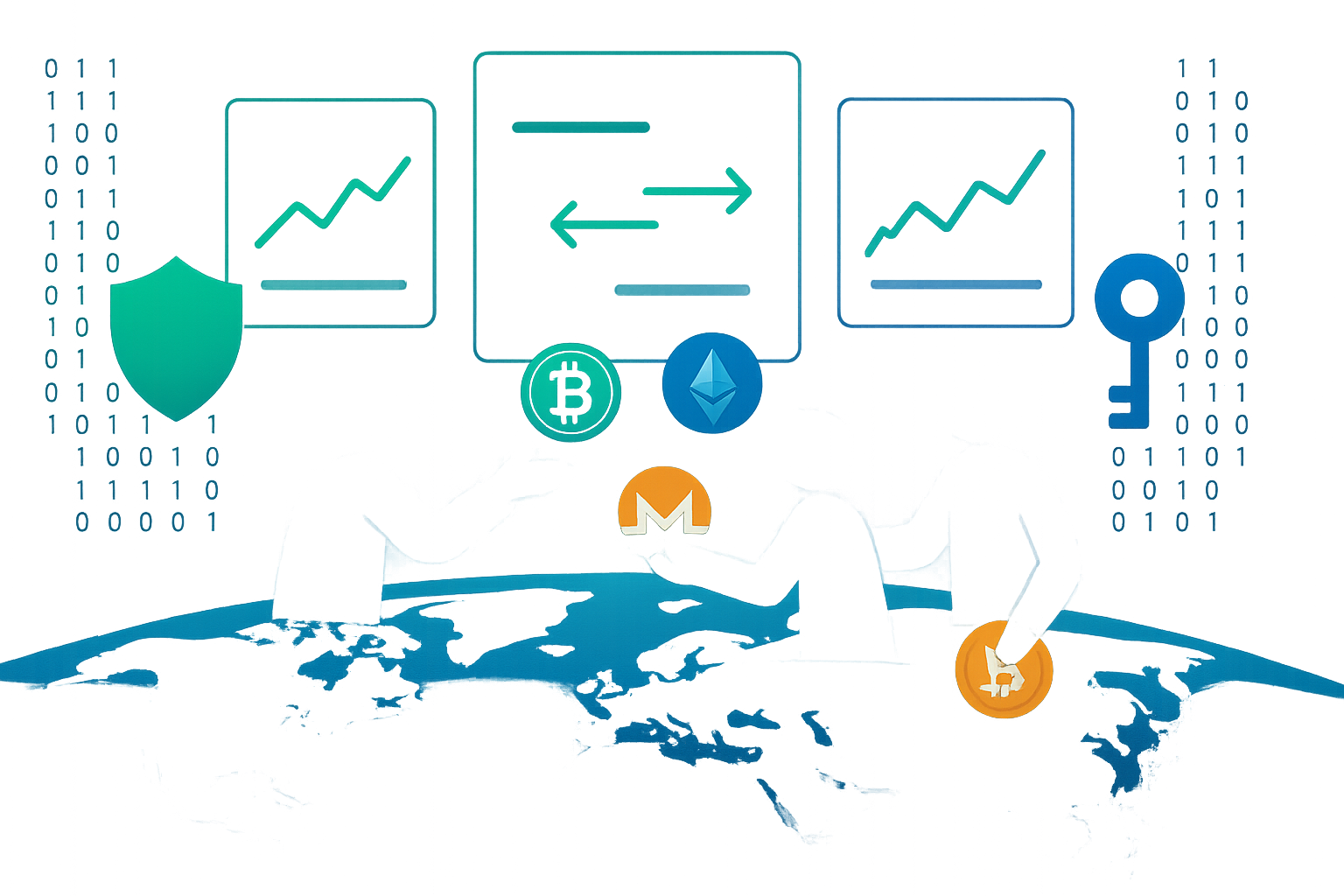 Borderless no KYC crypto marketplace illustration with private peer-to-peer trading