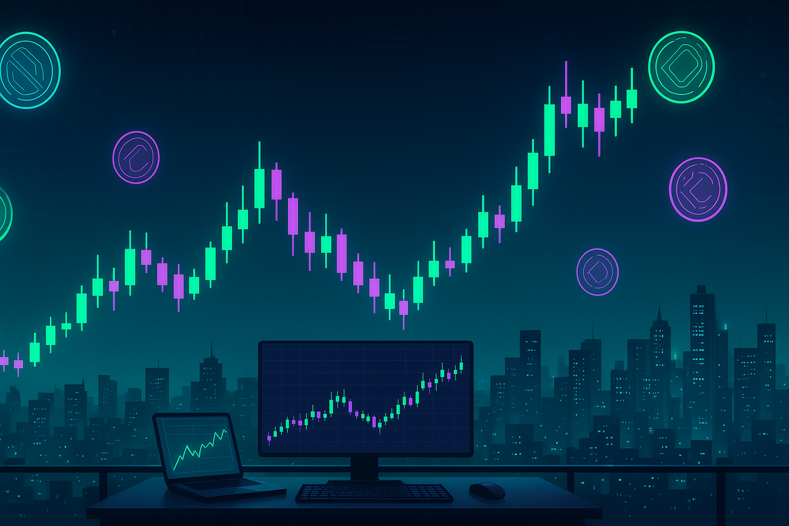 Futuristic crypto trading desk with holographic Solana price chart over neon digital city at night