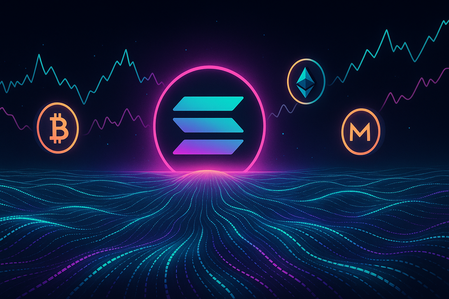 Solana token rising over a digital crypto ocean with orbiting coins and price charts