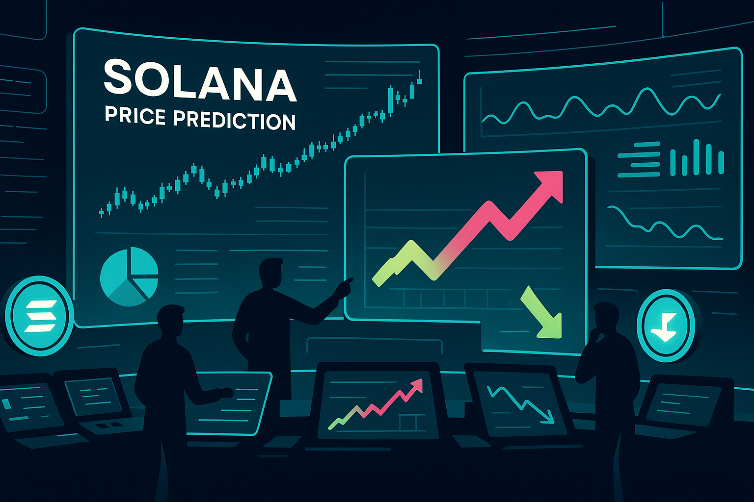 Futuristic crypto control room with holographic Solana price prediction charts and traders analyzing market trends