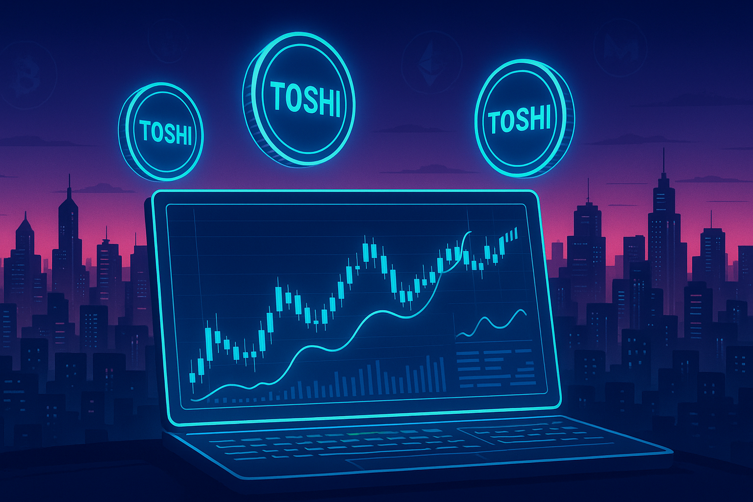Futuristic trading terminal analyzing Toshi coin price prediction charts over a neon crypto cityscape