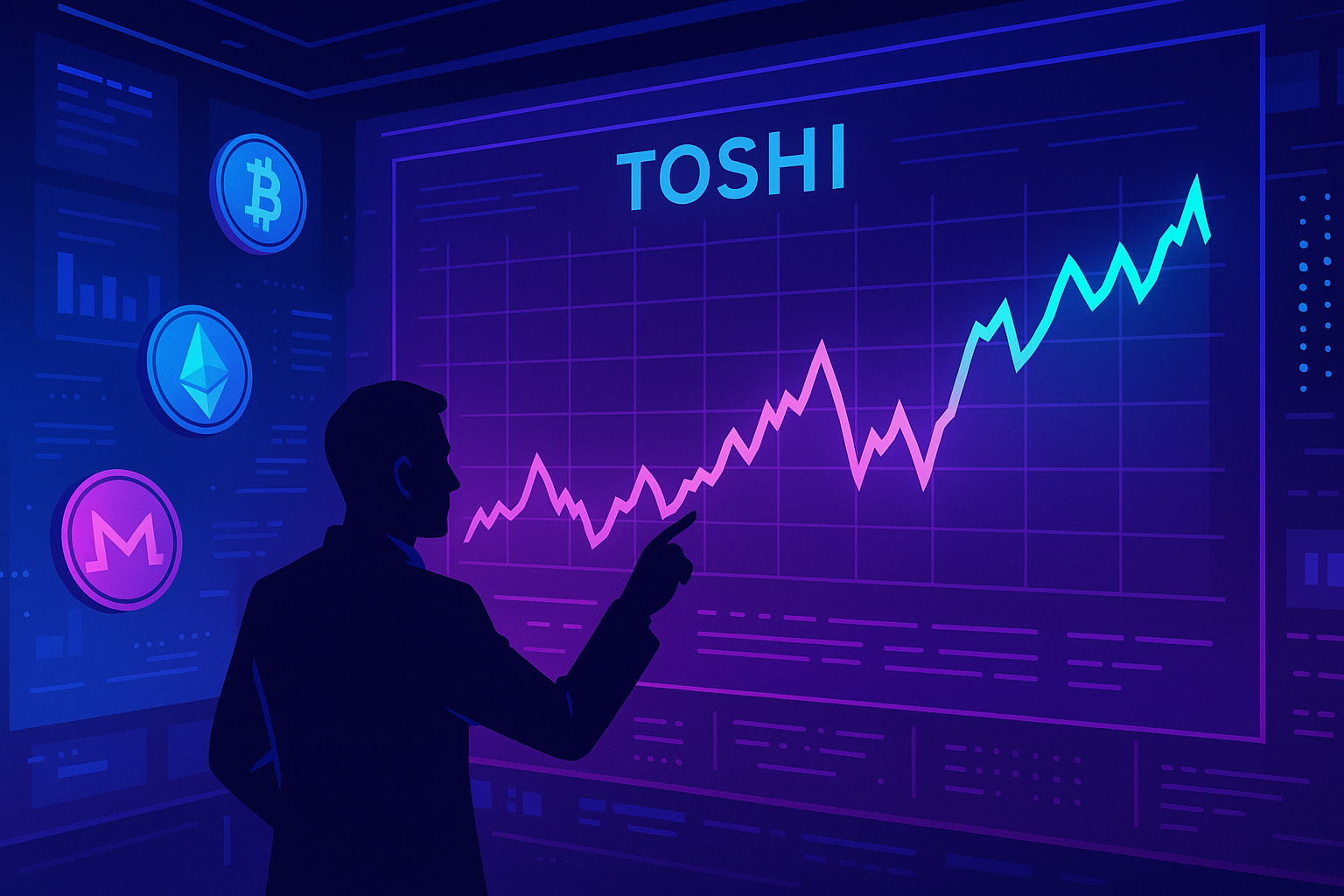 Crypto analyst studying TOSHI coin price chart on futuristic trading dashboard