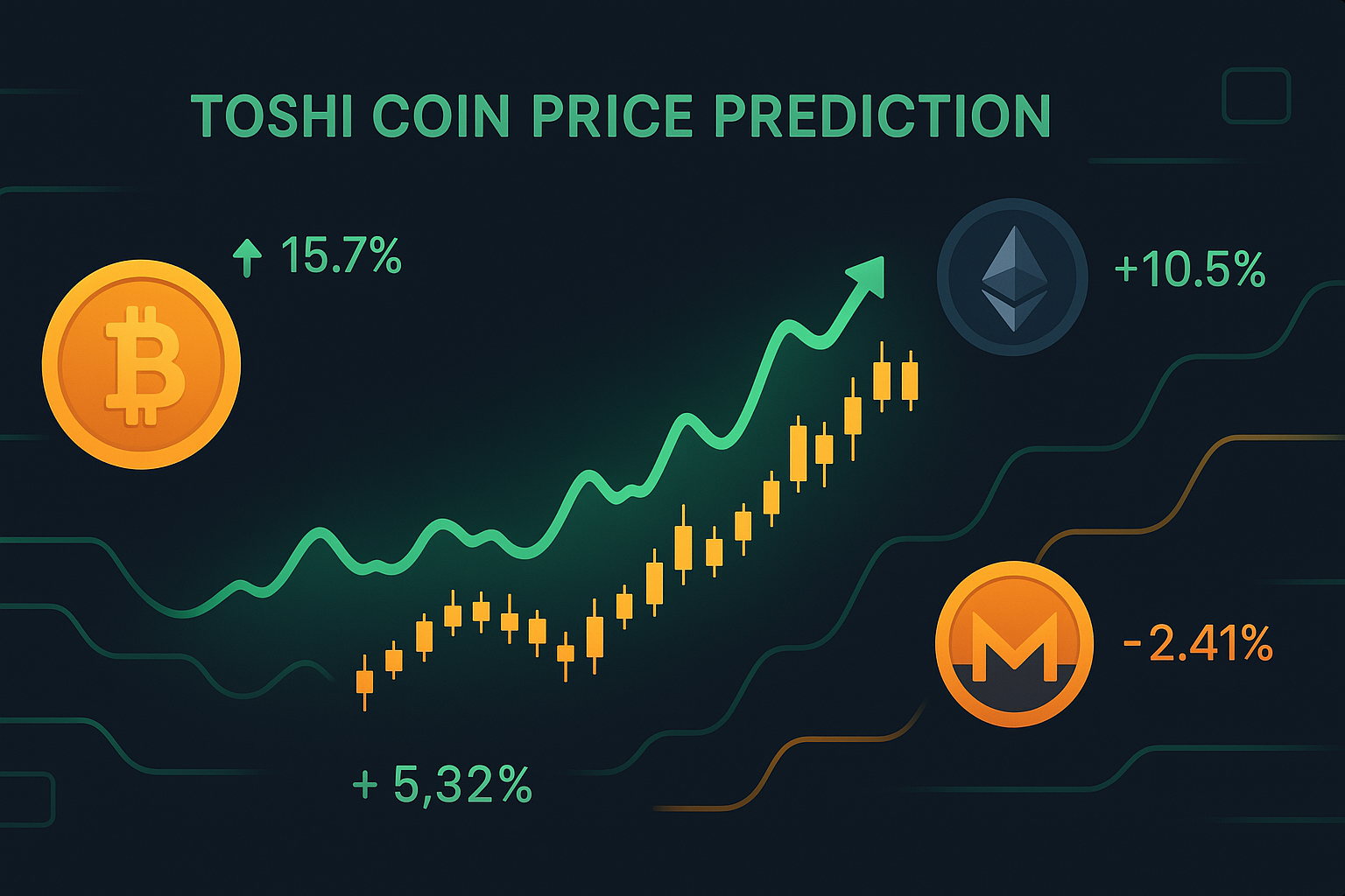 Toshi coin price prediction dashboard with glowing crypto charts and trend indicators