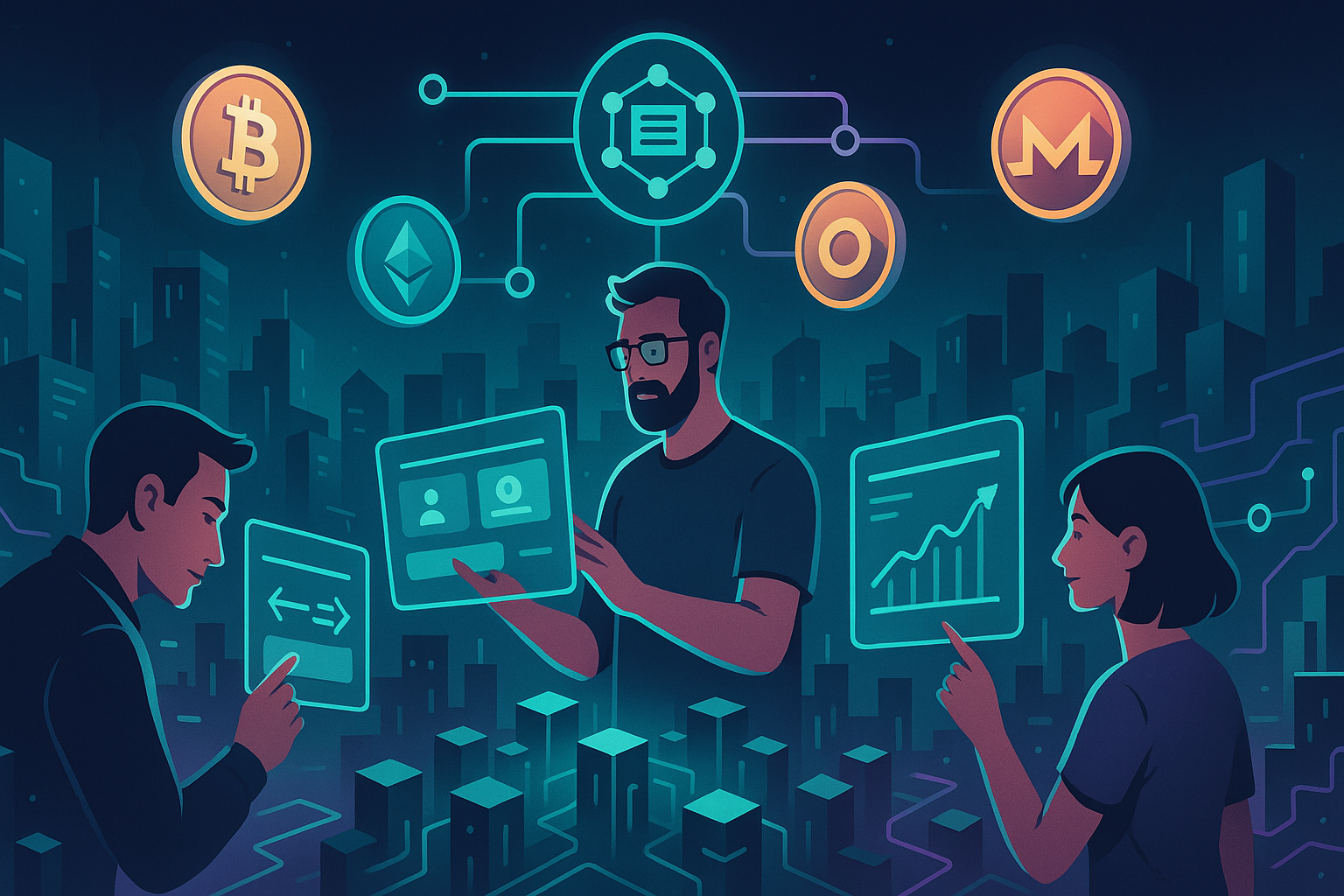 Futuristic digital city of DeFi with traders using crypto dApps and privacy coins