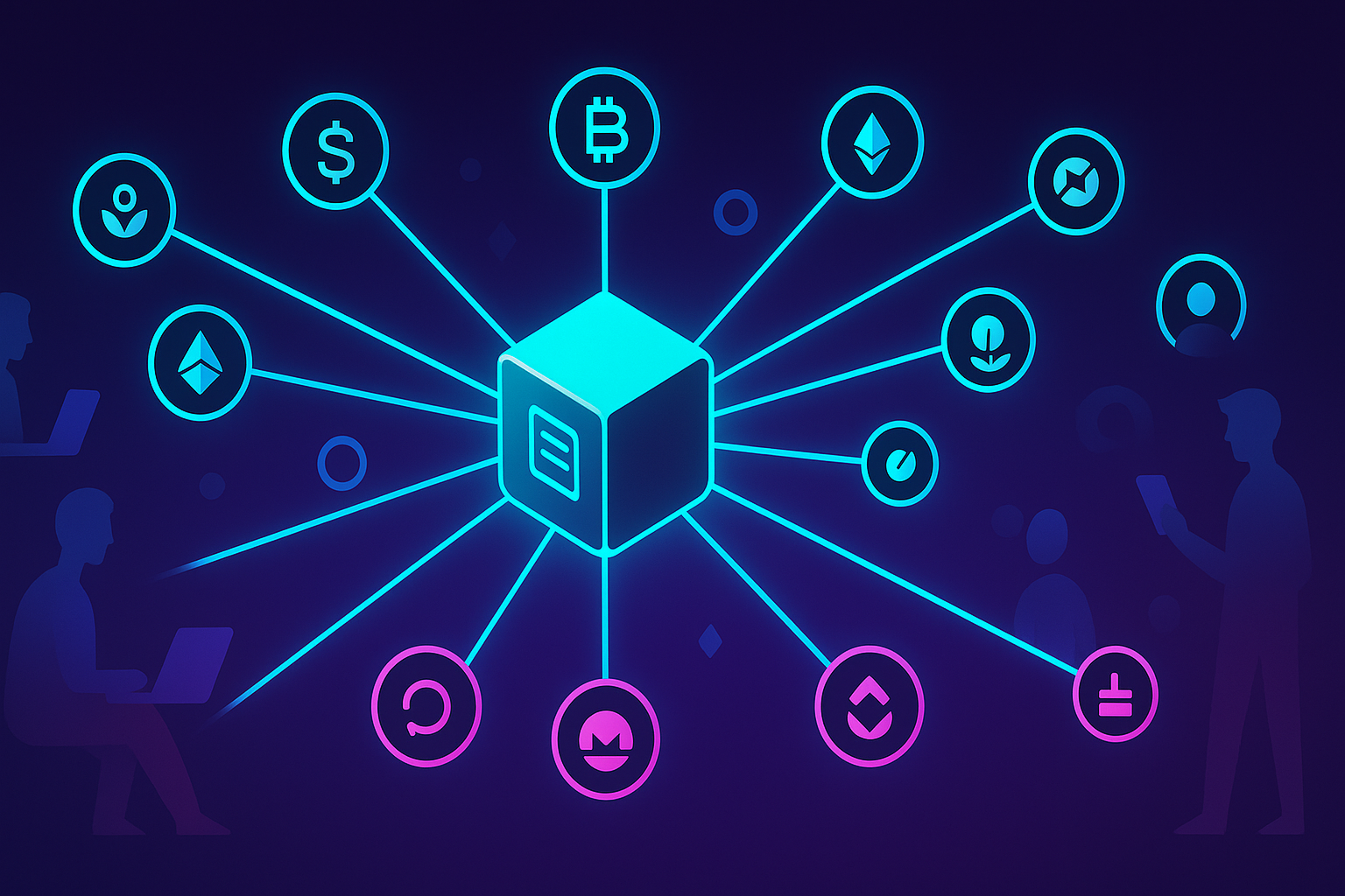 Decentralized finance network illustration with smart contract cube and crypto icons on dark neon background