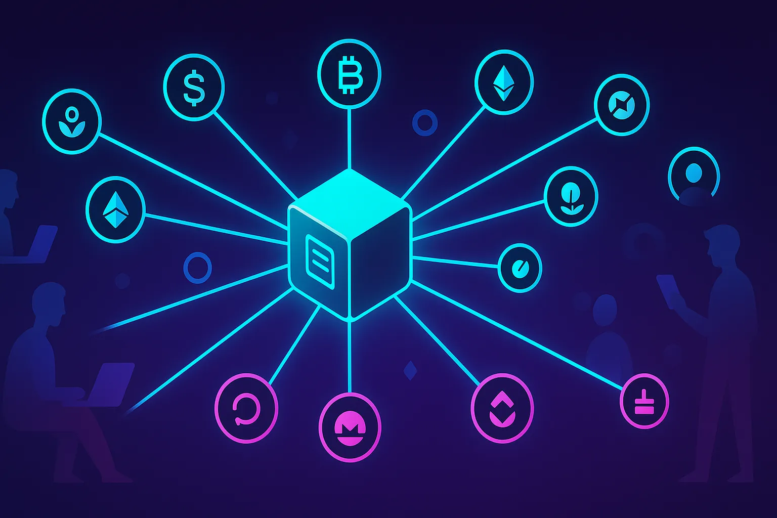 Decentralized finance network illustration with smart contract cube and crypto icons on dark neon background