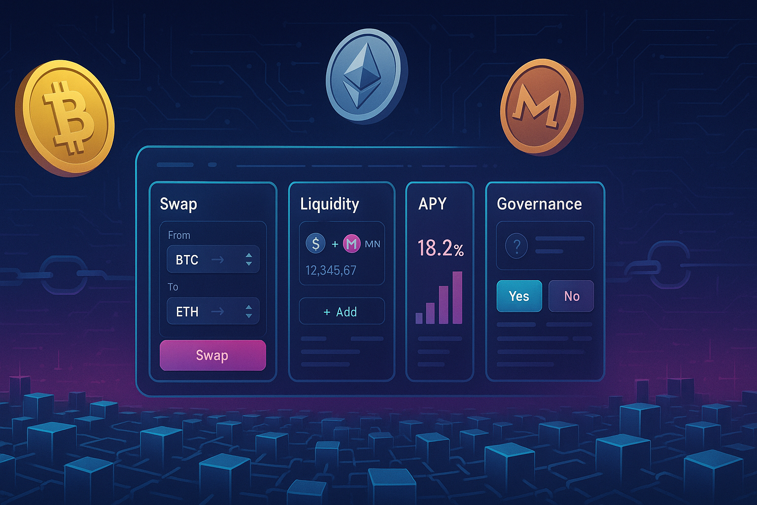 Futuristic DeFi trading dashboard above digital blockchain ocean