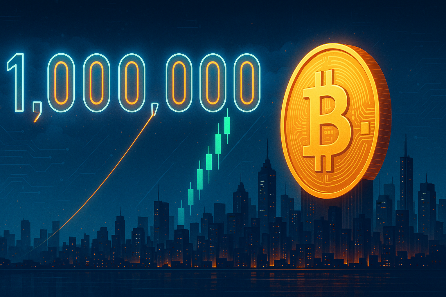 Futuristic crypto city with giant glowing Bitcoin coin and price chart surging toward 1,000,000