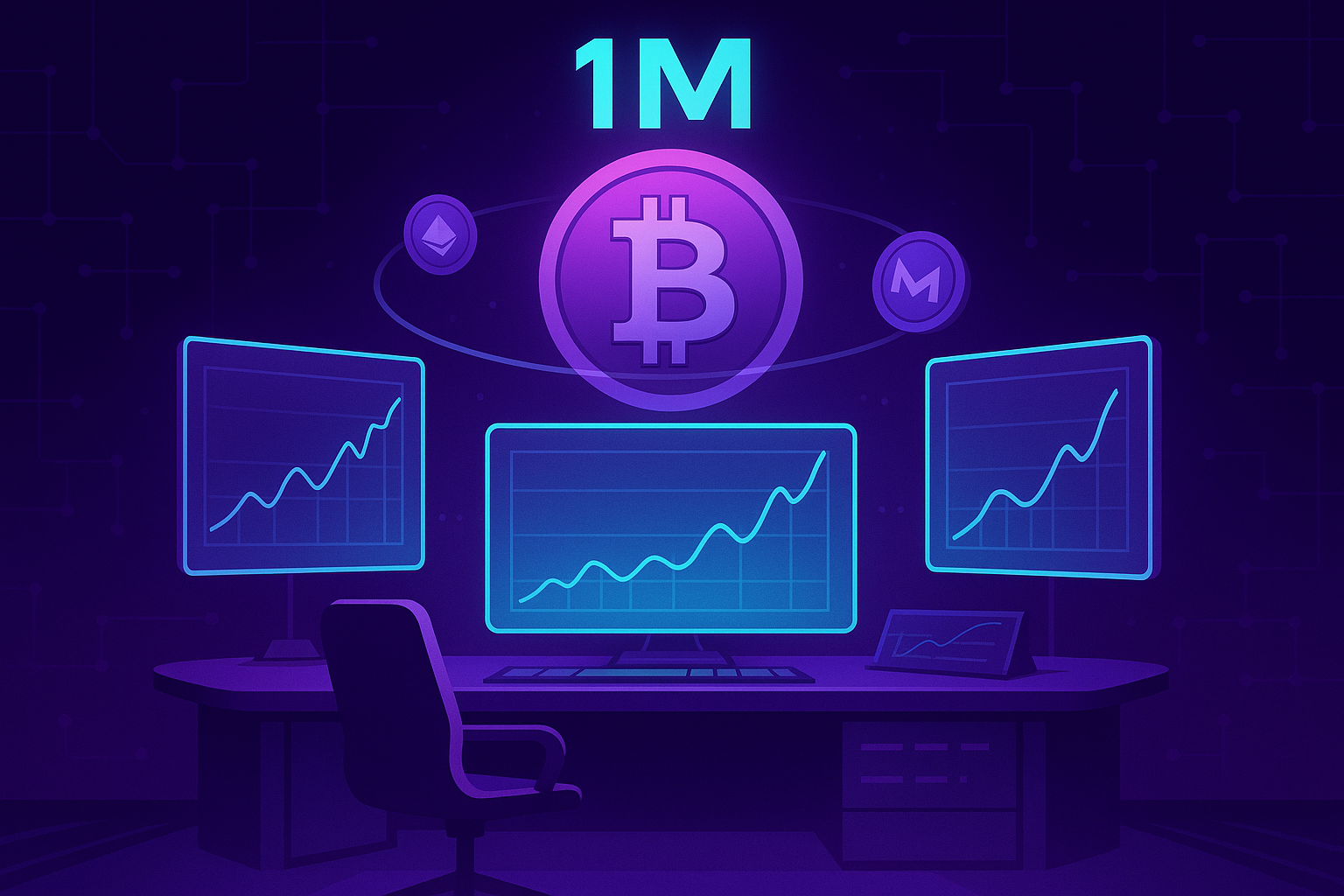 Cyberpunk crypto trading desk with 1M Bitcoin target and orbiting coins