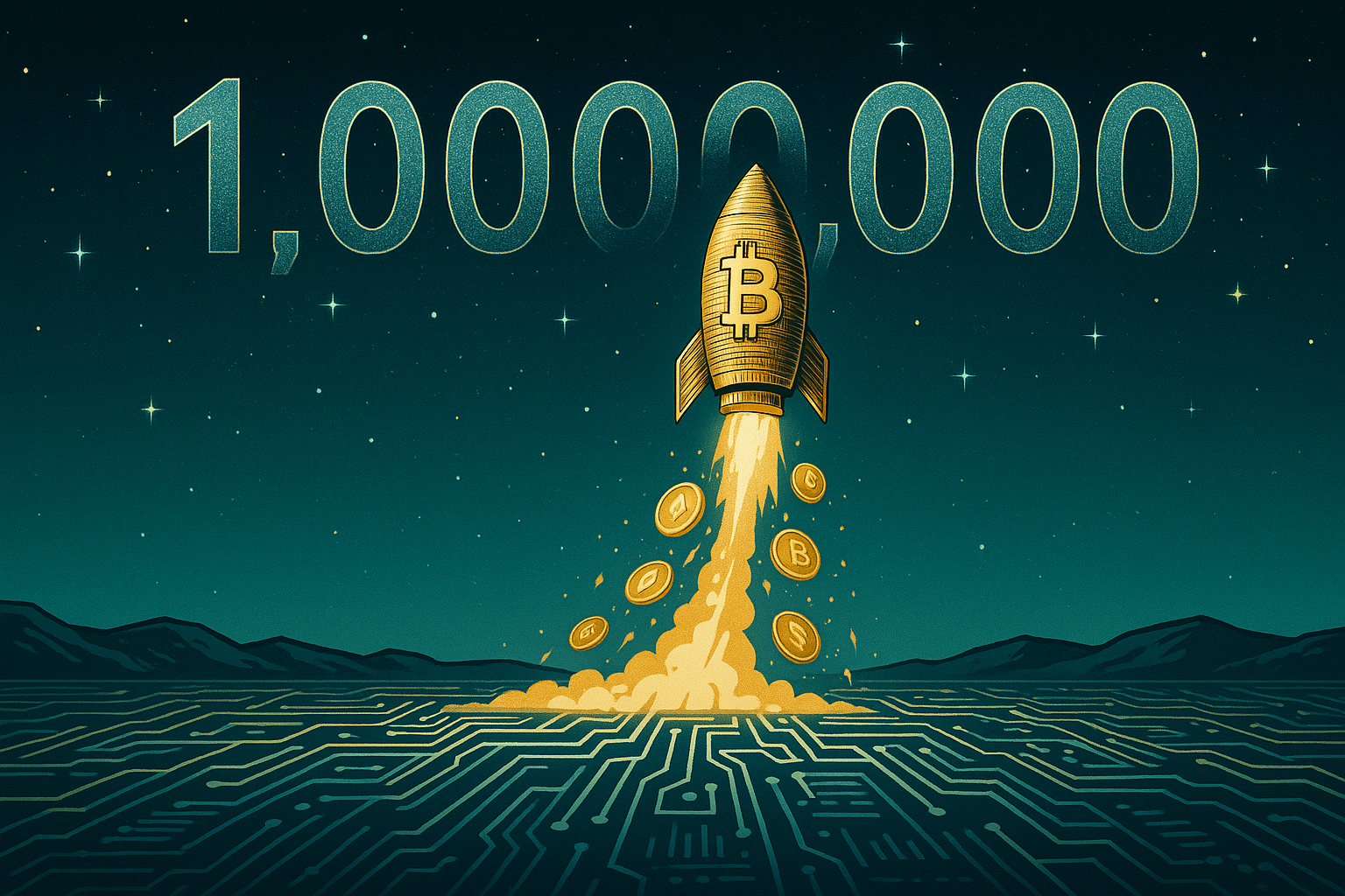 Bitcoin rocket soaring toward 1,000,000 over a digital crypto moonscape