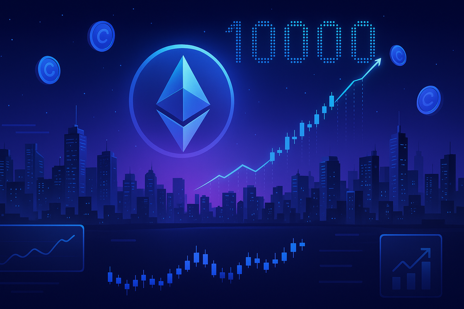 Cidade digital futurista com a moeda Ethereum brilhando e gráficos apontando para 10000.