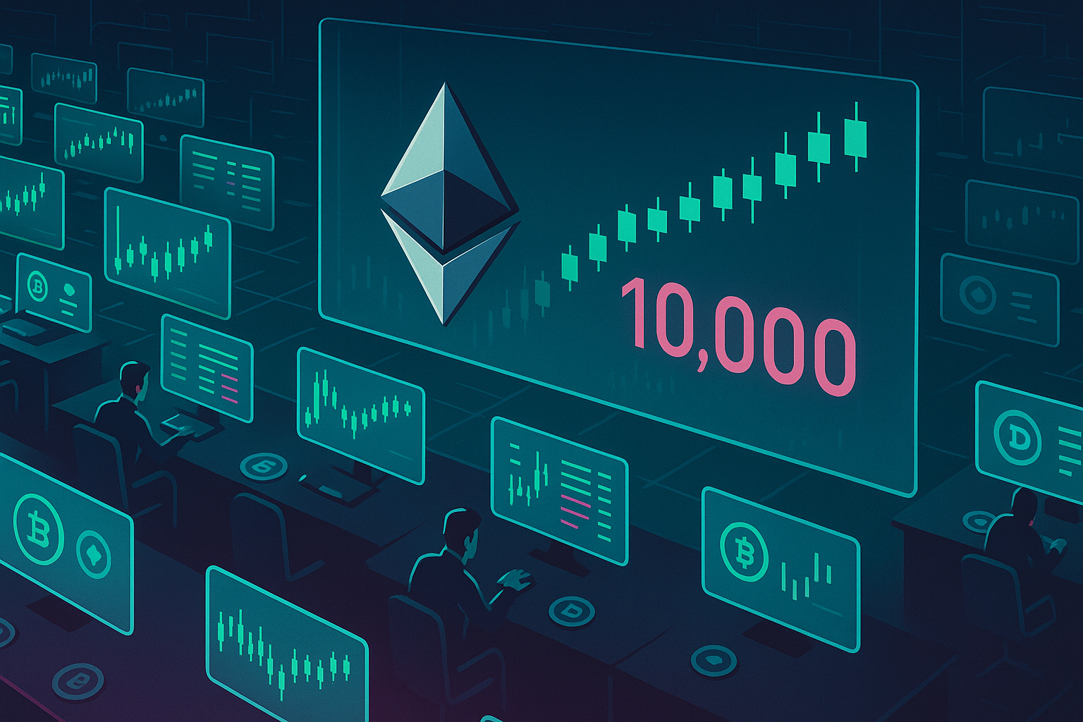 Plataforma de negociação cyberpunk com a moeda Ethereum e gráficos visando o nível de preço de US$ 10,000.