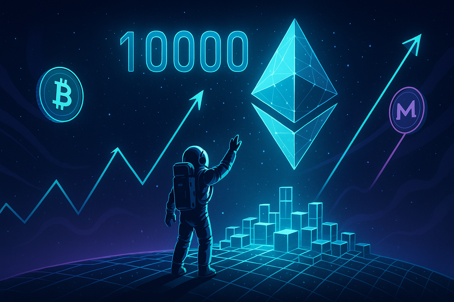 Astronauta em planeta digital busca criptomoeda gigante semelhante ao Ethereum, com preço crescente rumo a 10000.