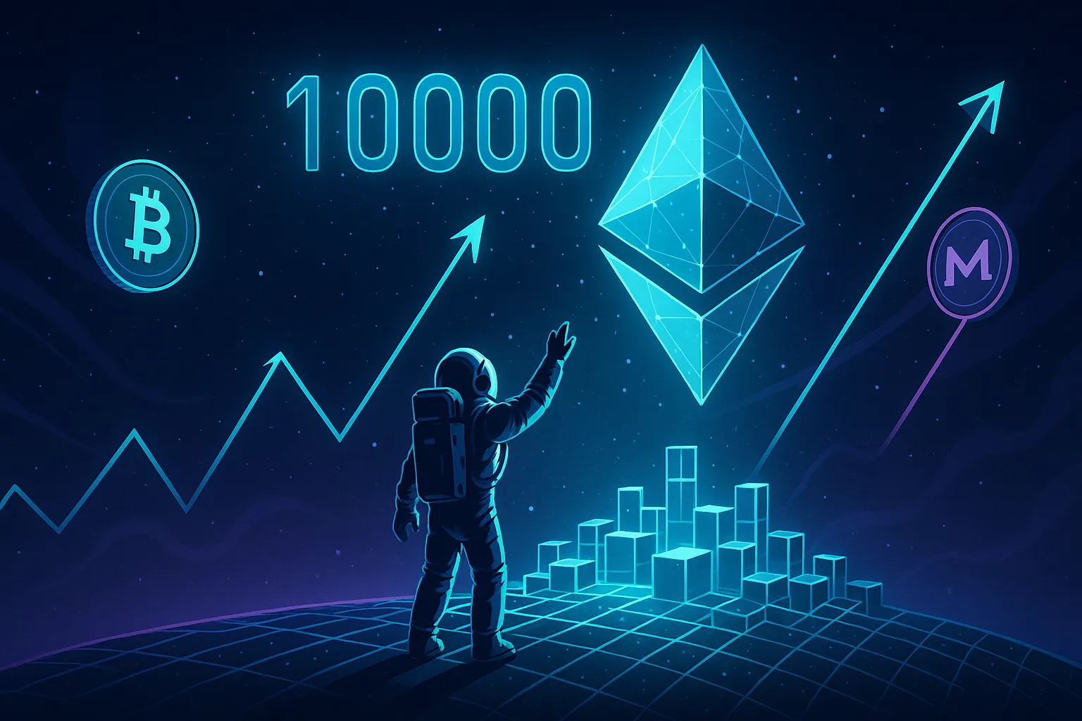Astronauta em planeta digital busca criptomoeda gigante semelhante ao Ethereum, com preço crescente rumo a 10000.