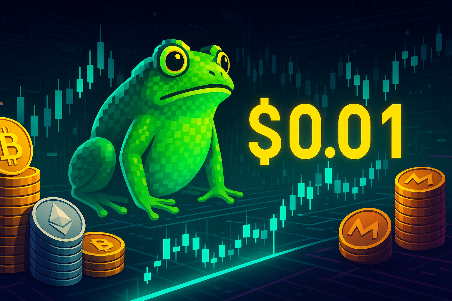 Pixelated frog meme on futuristic crypto chart aiming for $0.01 price target