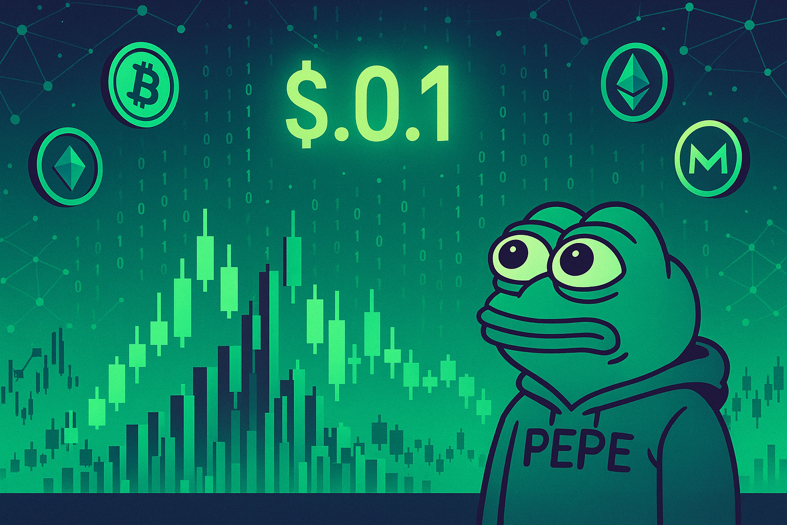 Pepe coin frog watching green crypto city charts toward $0.01 target