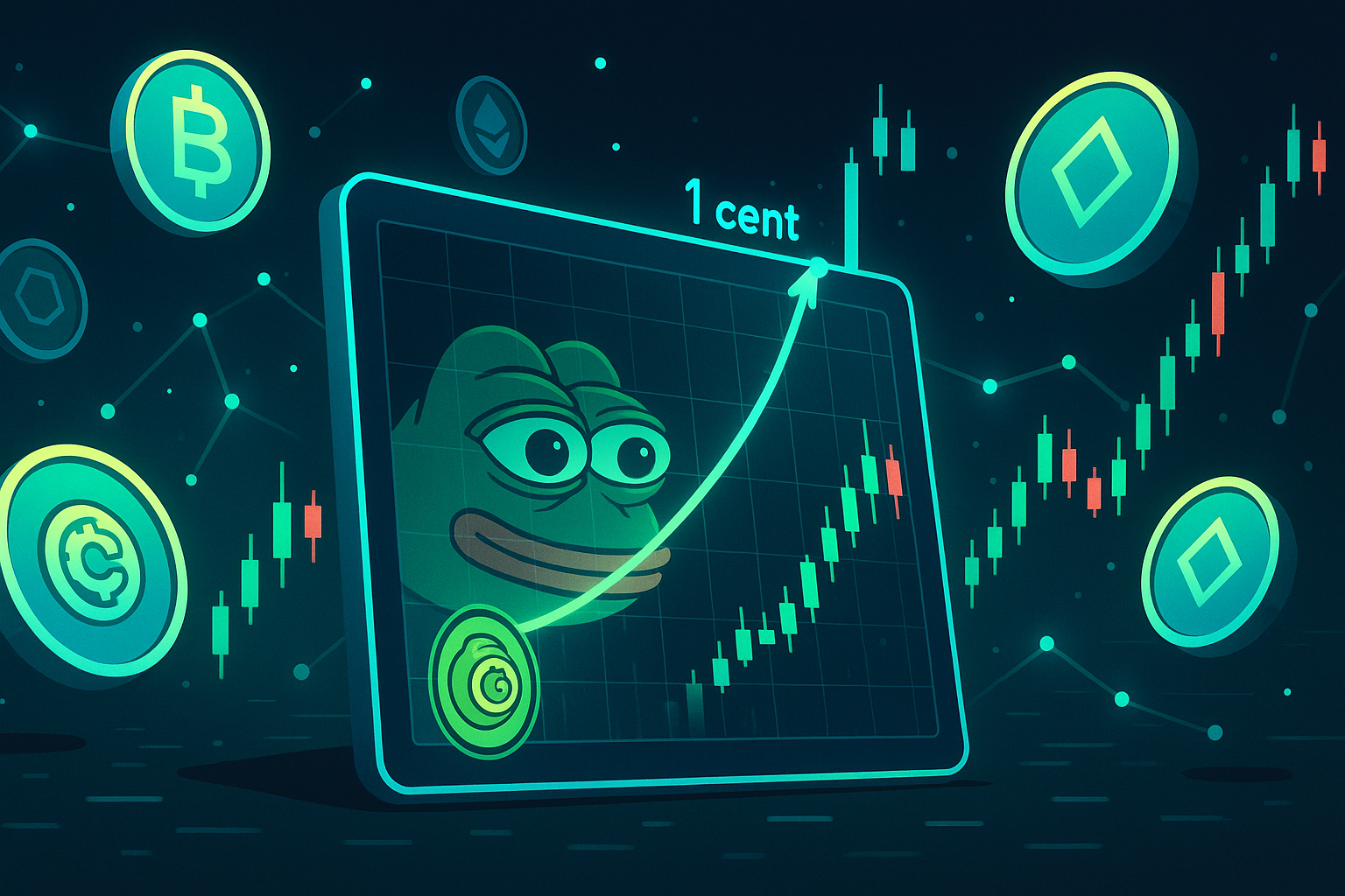 Holographic tablet showing PEPE coin price chart targeting the 1 cent level
