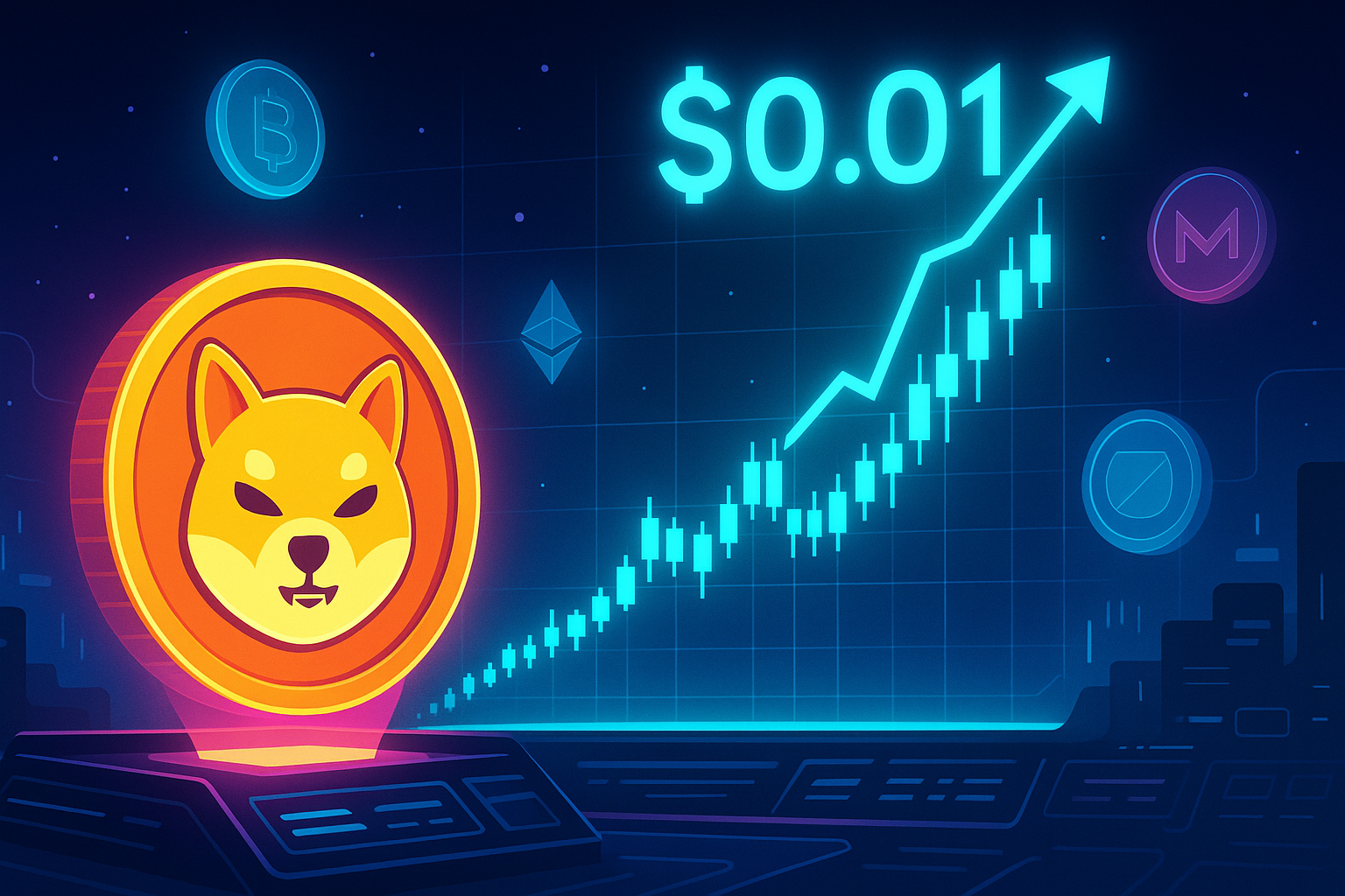 Futuristic Shiba Inu meme coin surging toward $0.01 on neon crypto chart