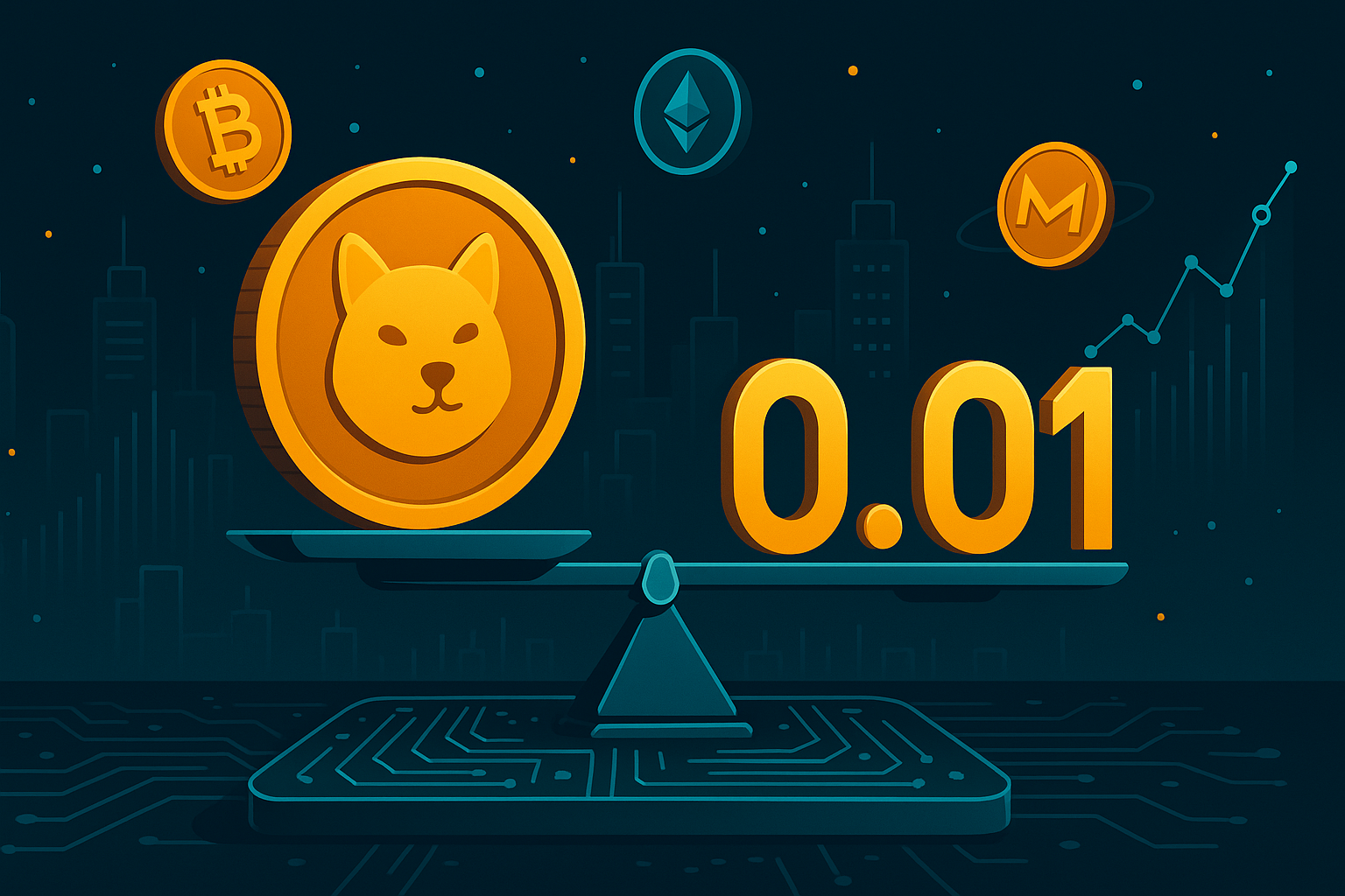 Shiba meme coin on digital scale balanced with 0.01 amid futuristic crypto city
