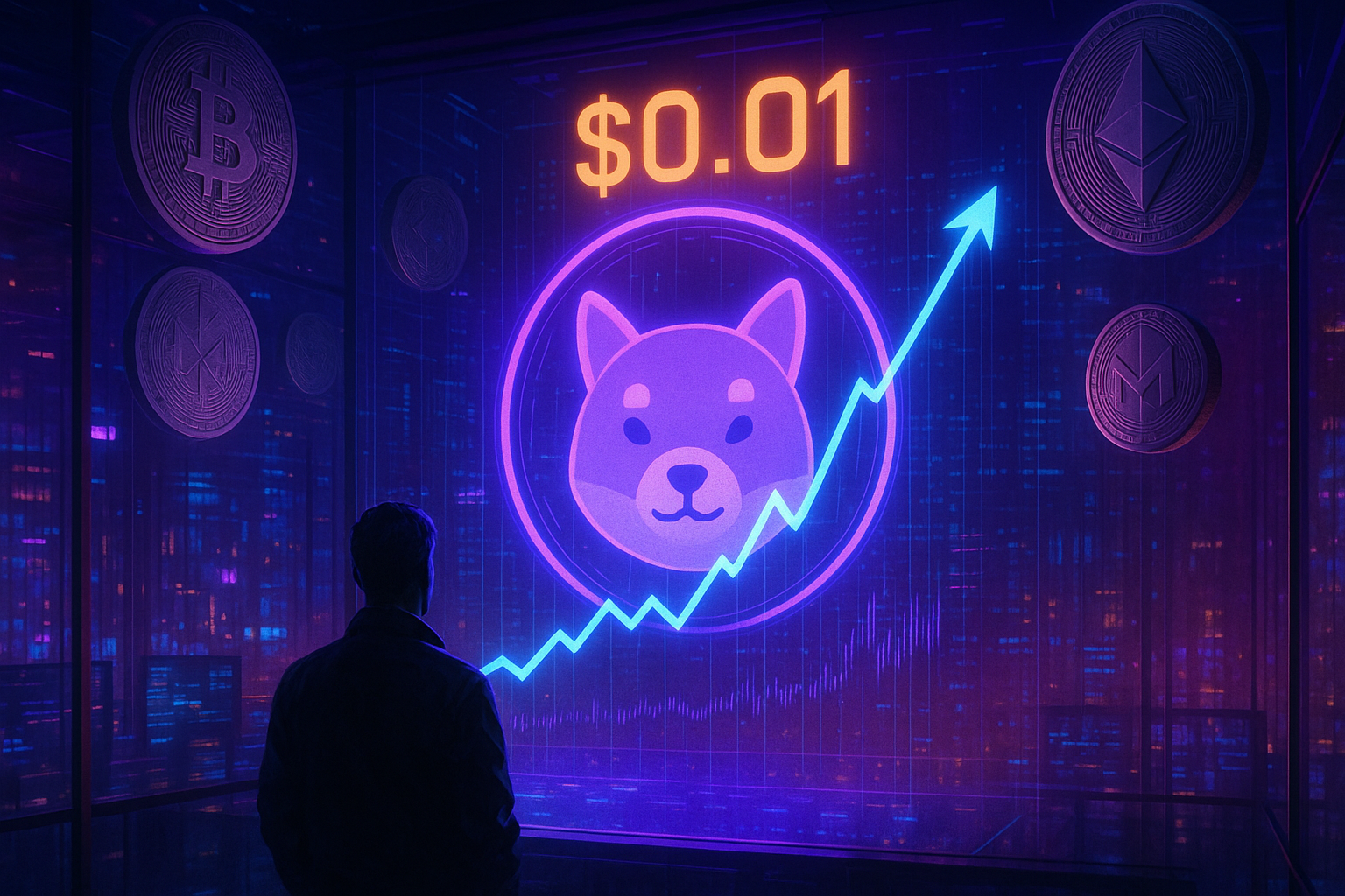 Cyberpunk trader watching Shiba meme coin chart approach the $0.01 price level